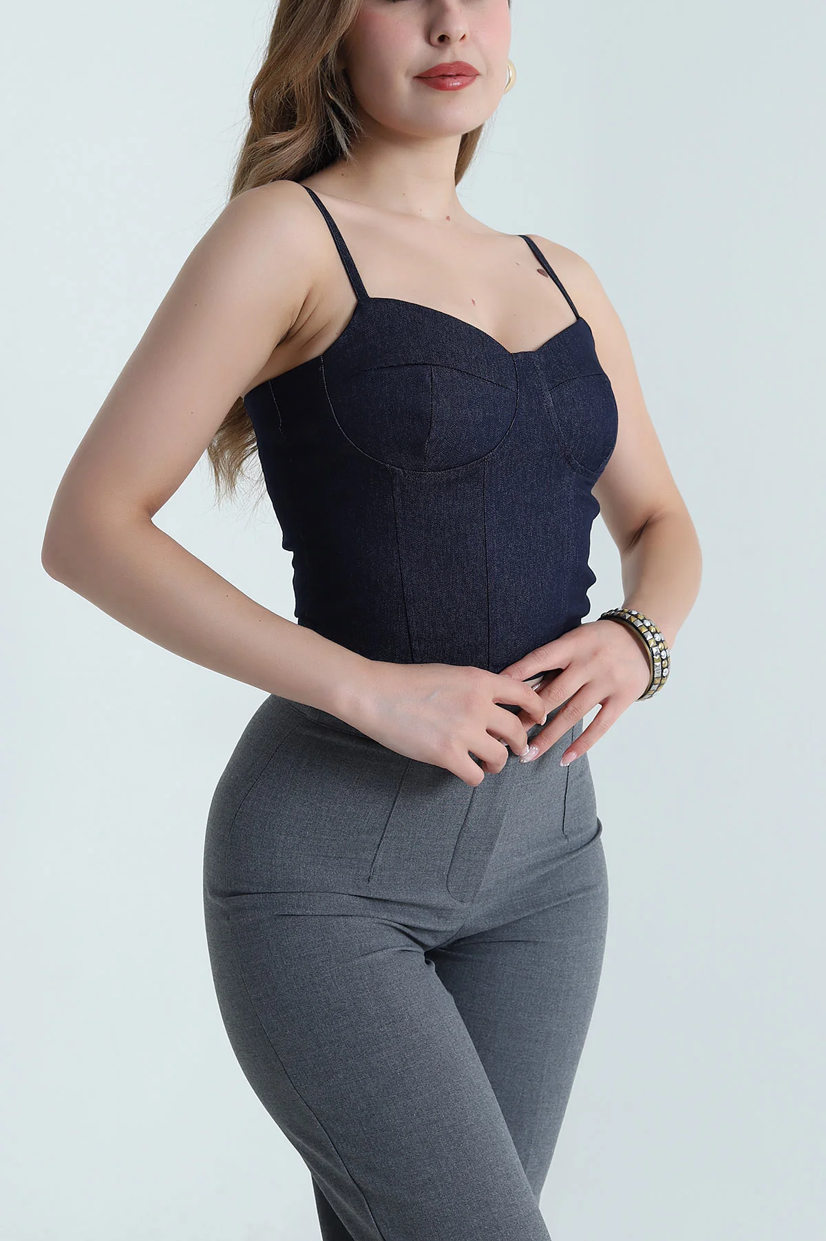 Lacivert Fermuarlı İp Askılı Kadın Kot Büstiyer 479147