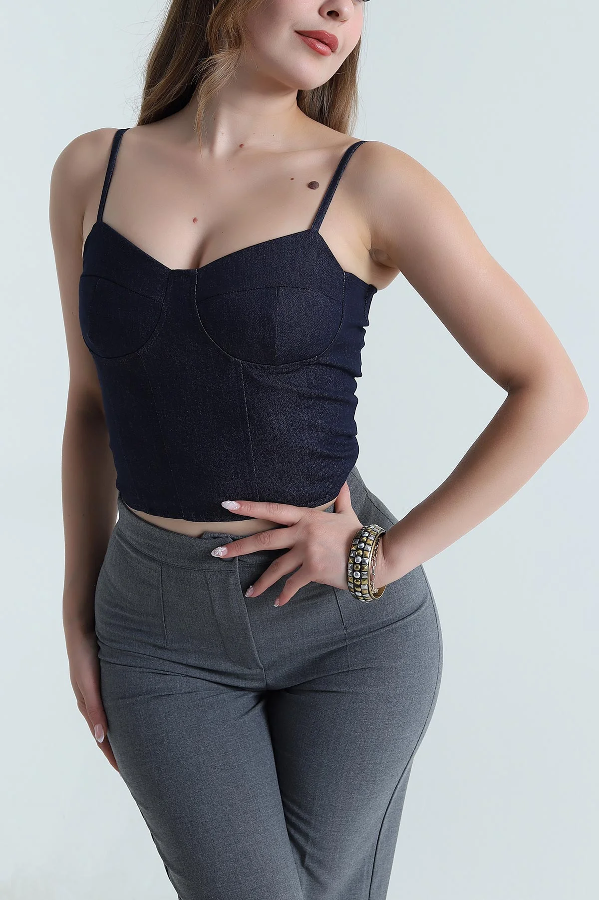 Lacivert Fermuarlı İp Askılı Kadın Kot Büstiyer 479147