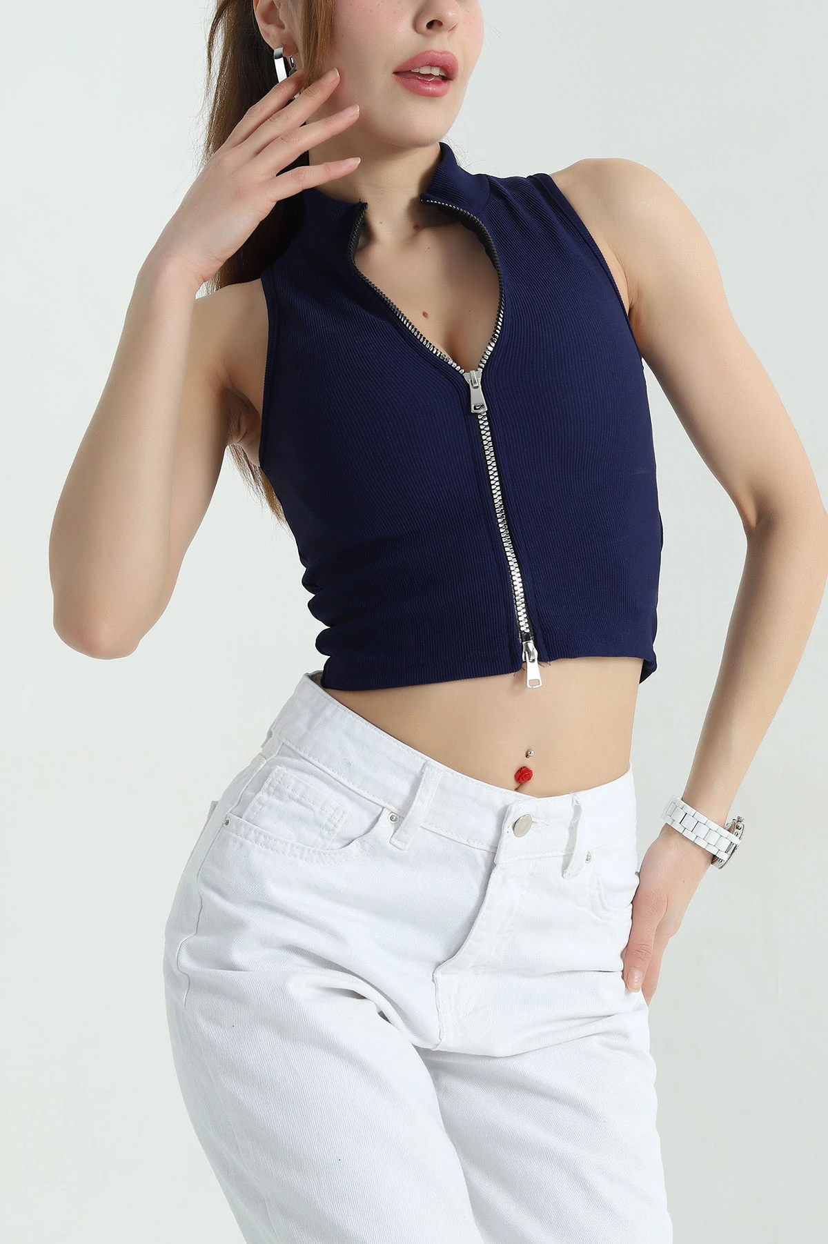 Lacivert Fermuarlı Kolsuz Ottoman Bluz 350781