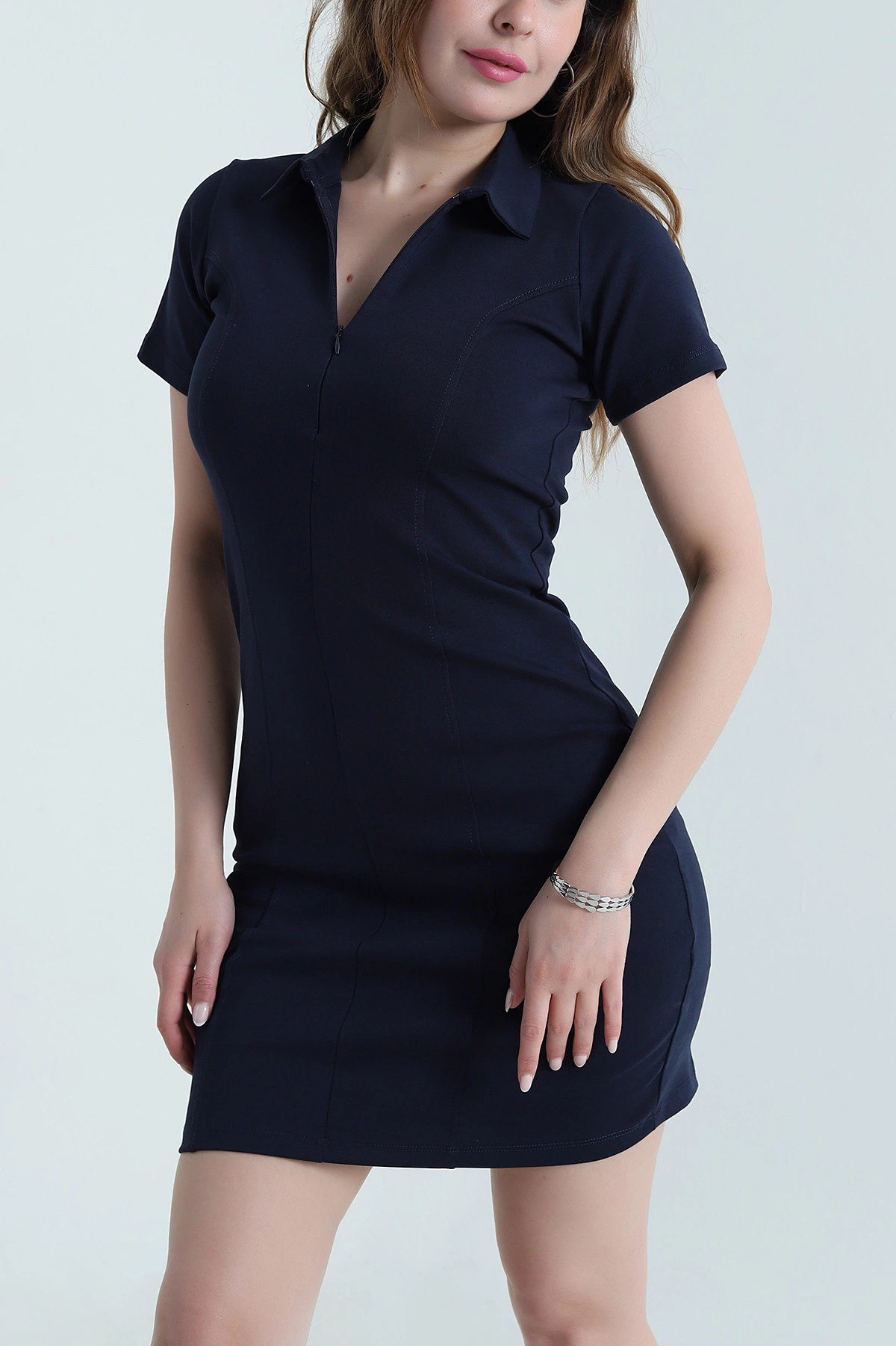 Lacivert Fermuarlı Polo Yaka İnterlok Kadın Elbise 473882