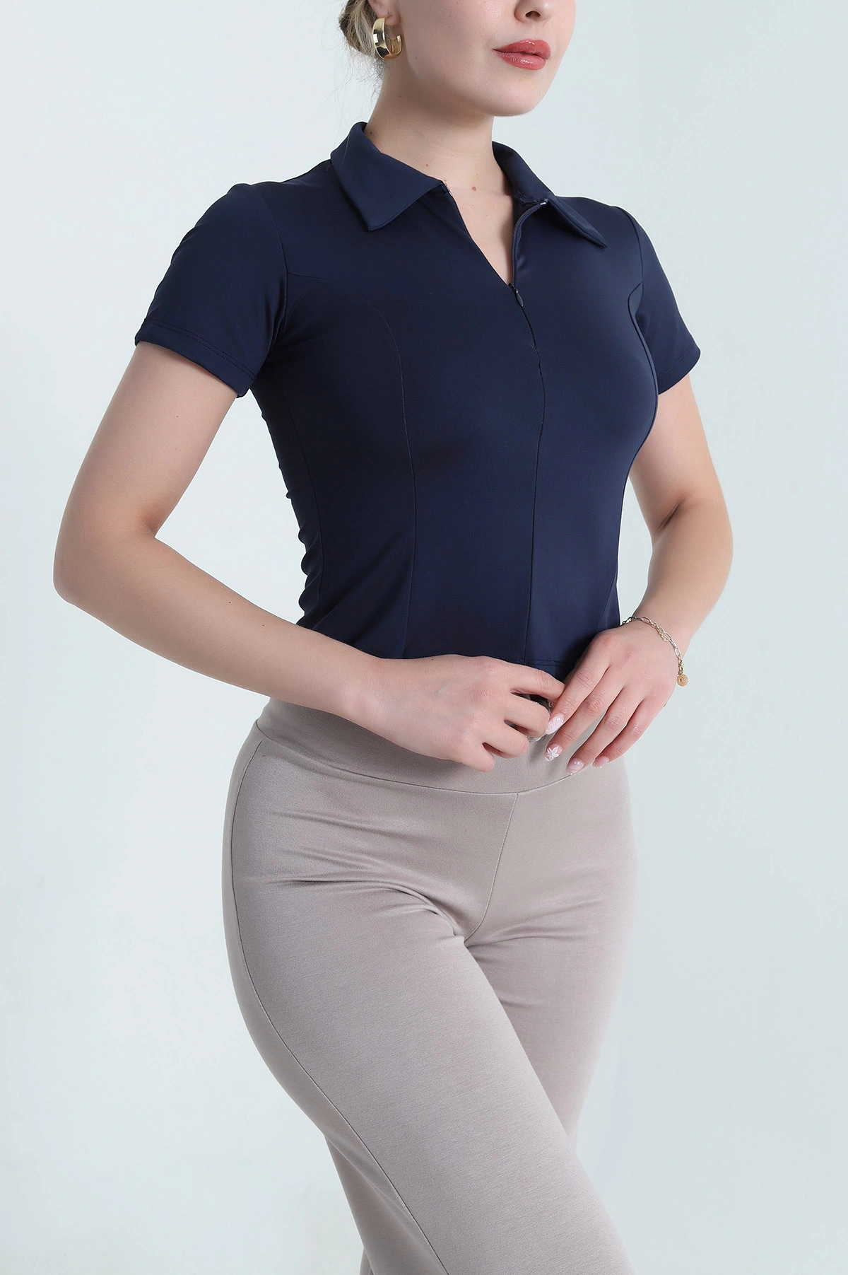 Lacivert Fermuarlı Polo Yaka Modal Kadın Bluz 478158