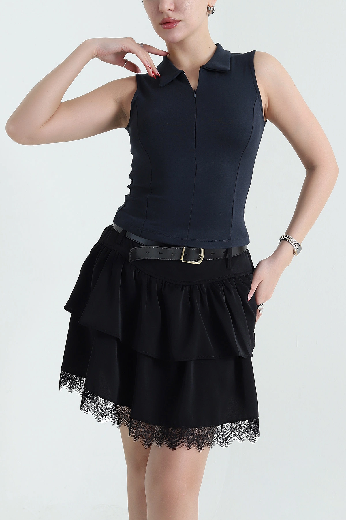 Lacivert Fermuarlı Polo Yaka Oysho Kadın Bluz 432200