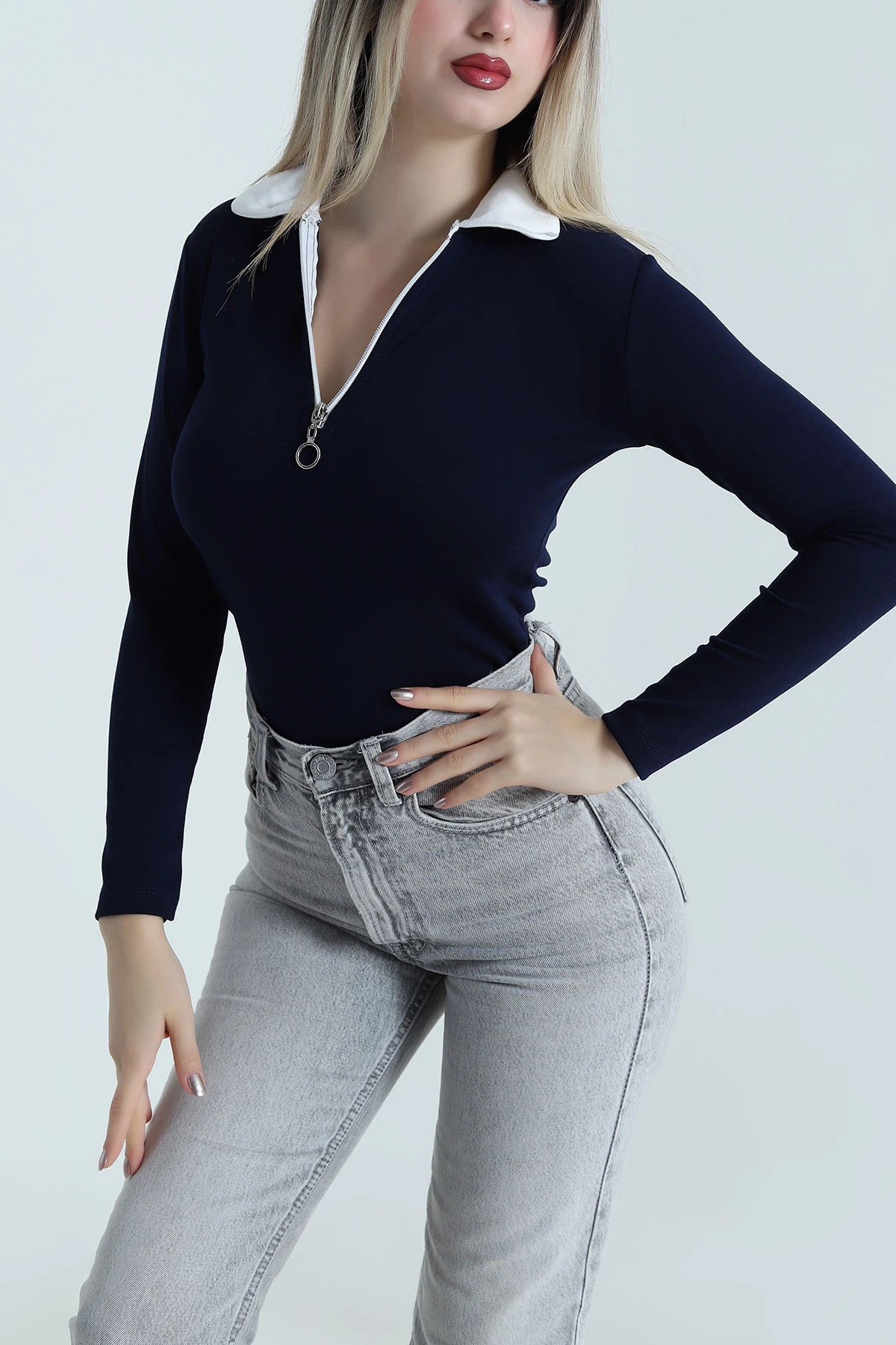 Lacivert Fermuarlı Polo Yaka Oysho Kadın Bluz 488565