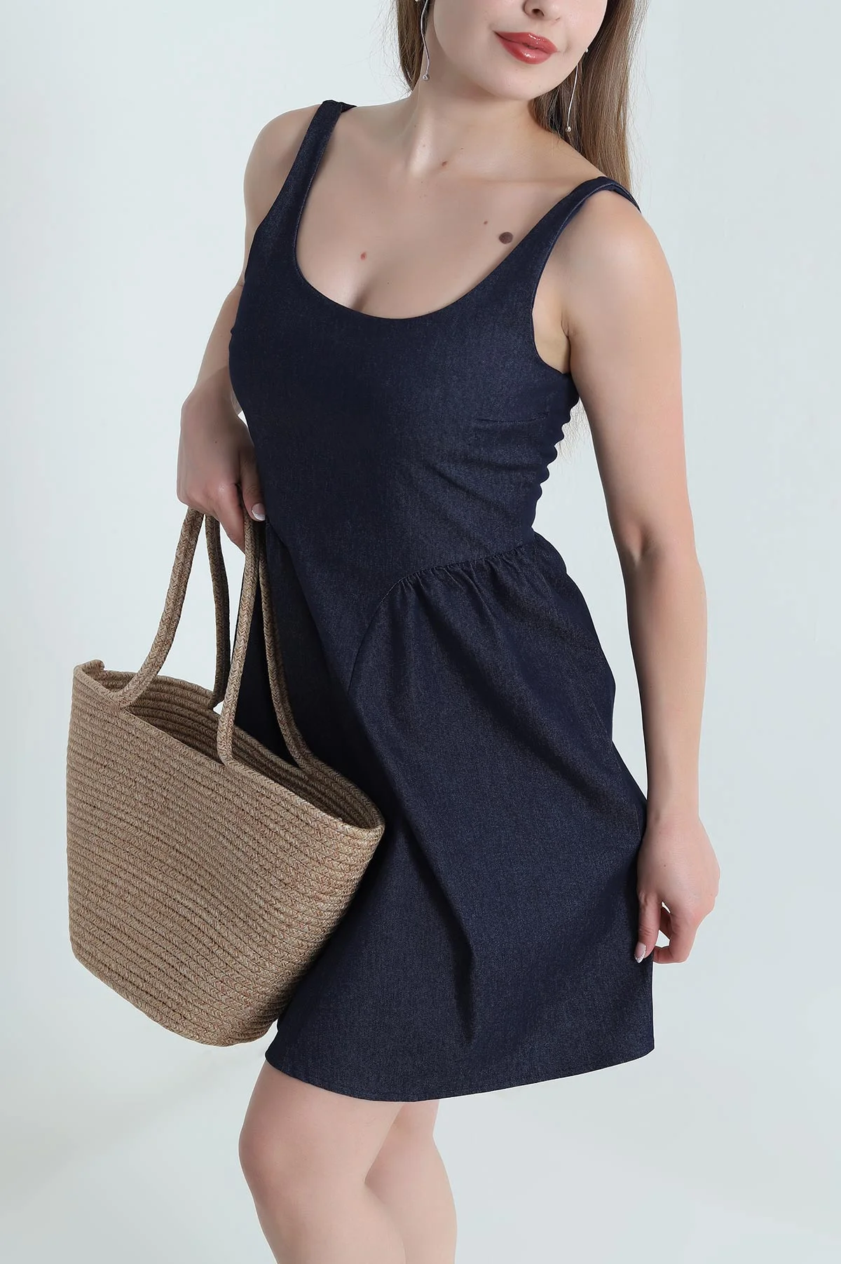 Lacivert Fermuarlı Tencel Kot Kadın Elbise 476420