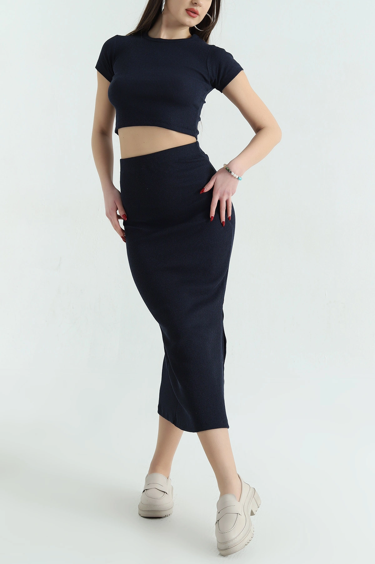 Lacivert Fitilli Likralı Bluz Etek İkili Takım 336788