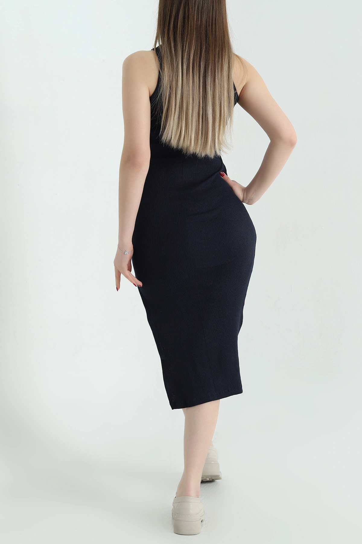 Lacivert Fitilli Likralı Yırtmaçlı Kolsuz Elbise 336794