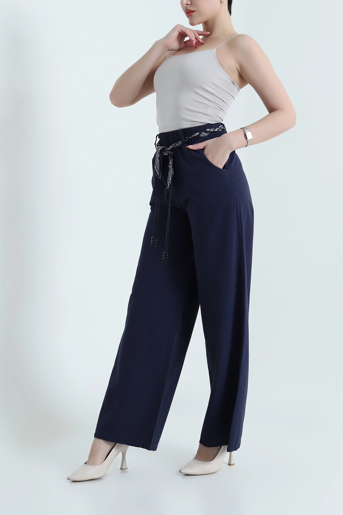 Lacivert Fular Kemerli Tensel Gabardin Kadın Pantolon 440441