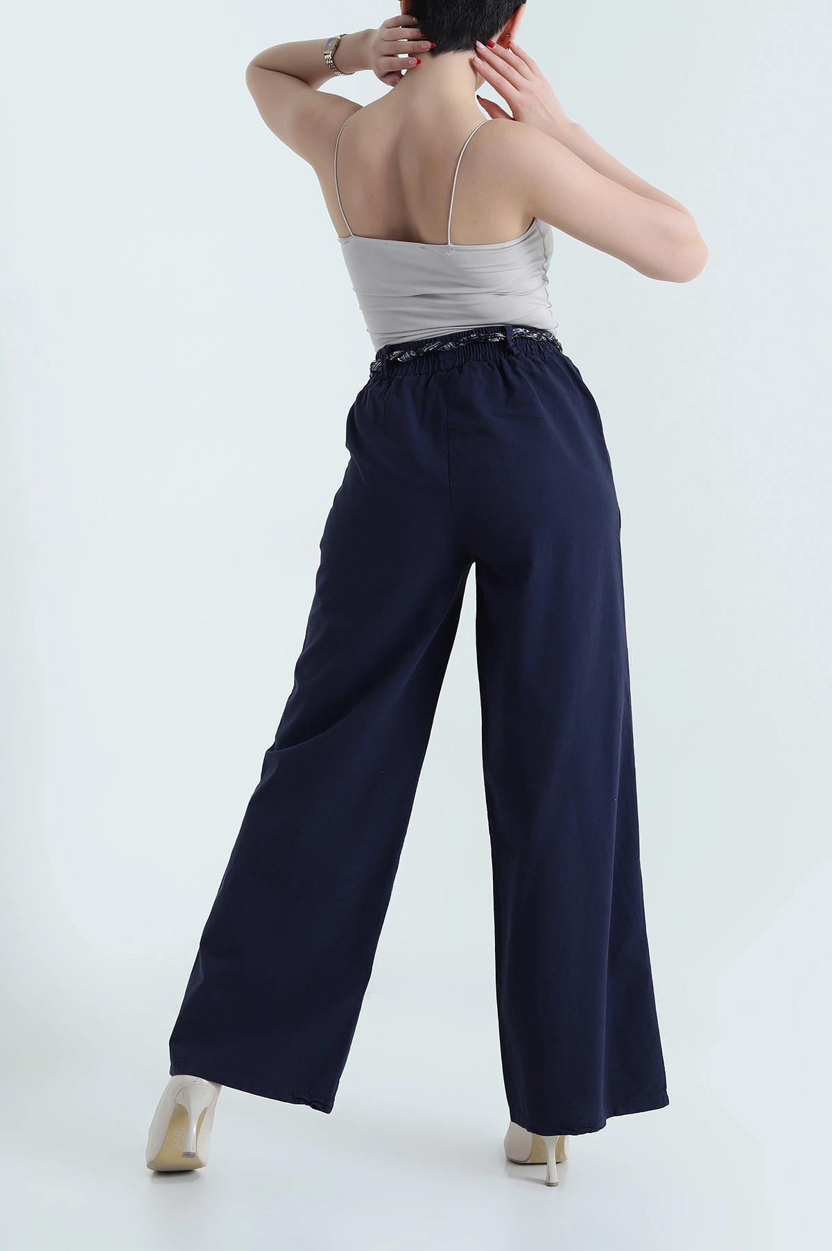 Lacivert Fular Kemerli Tensel Gabardin Kadın Pantolon 440441