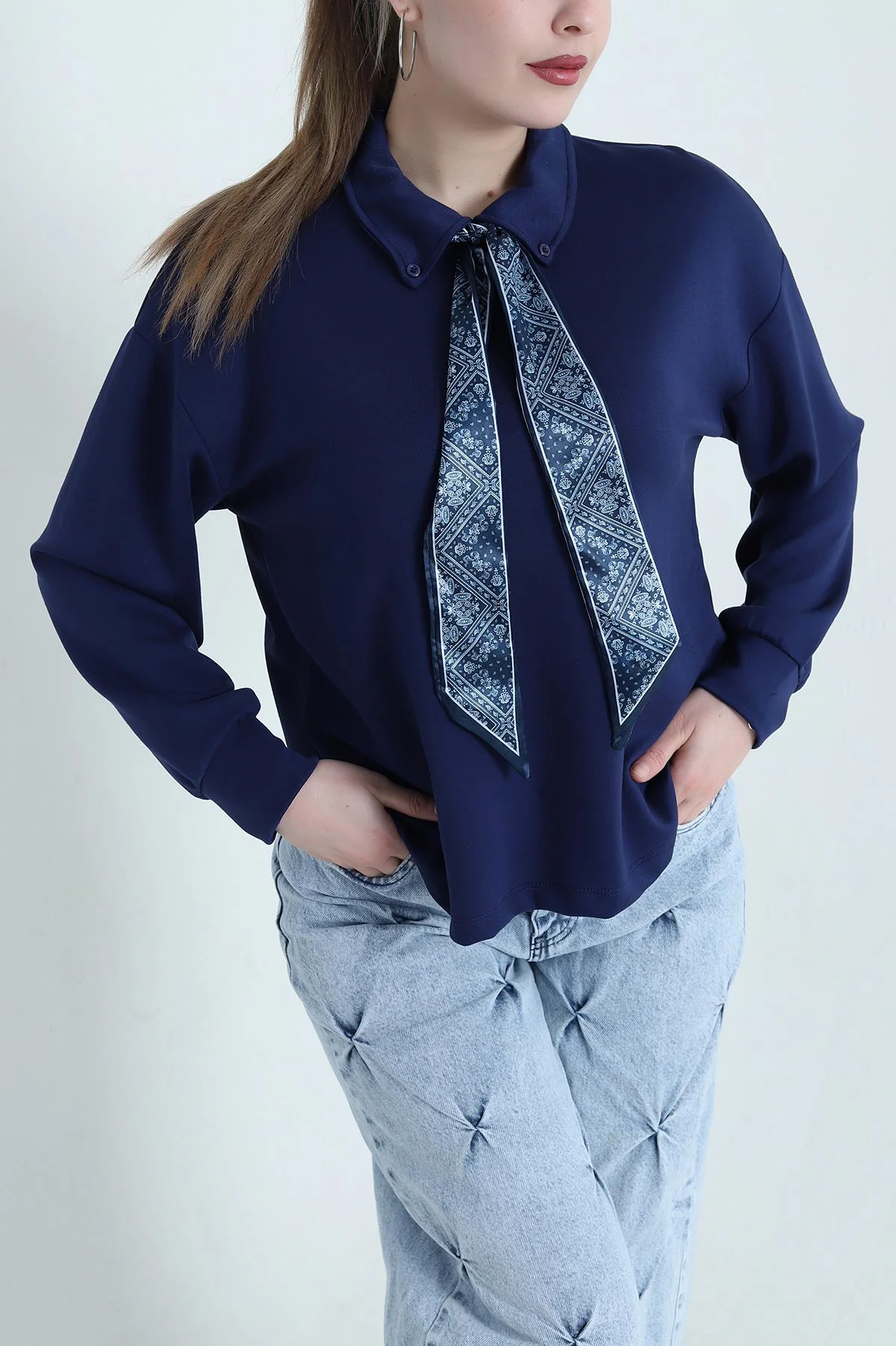 Lacivert Fularlı Kadın Modal Bluz 441395