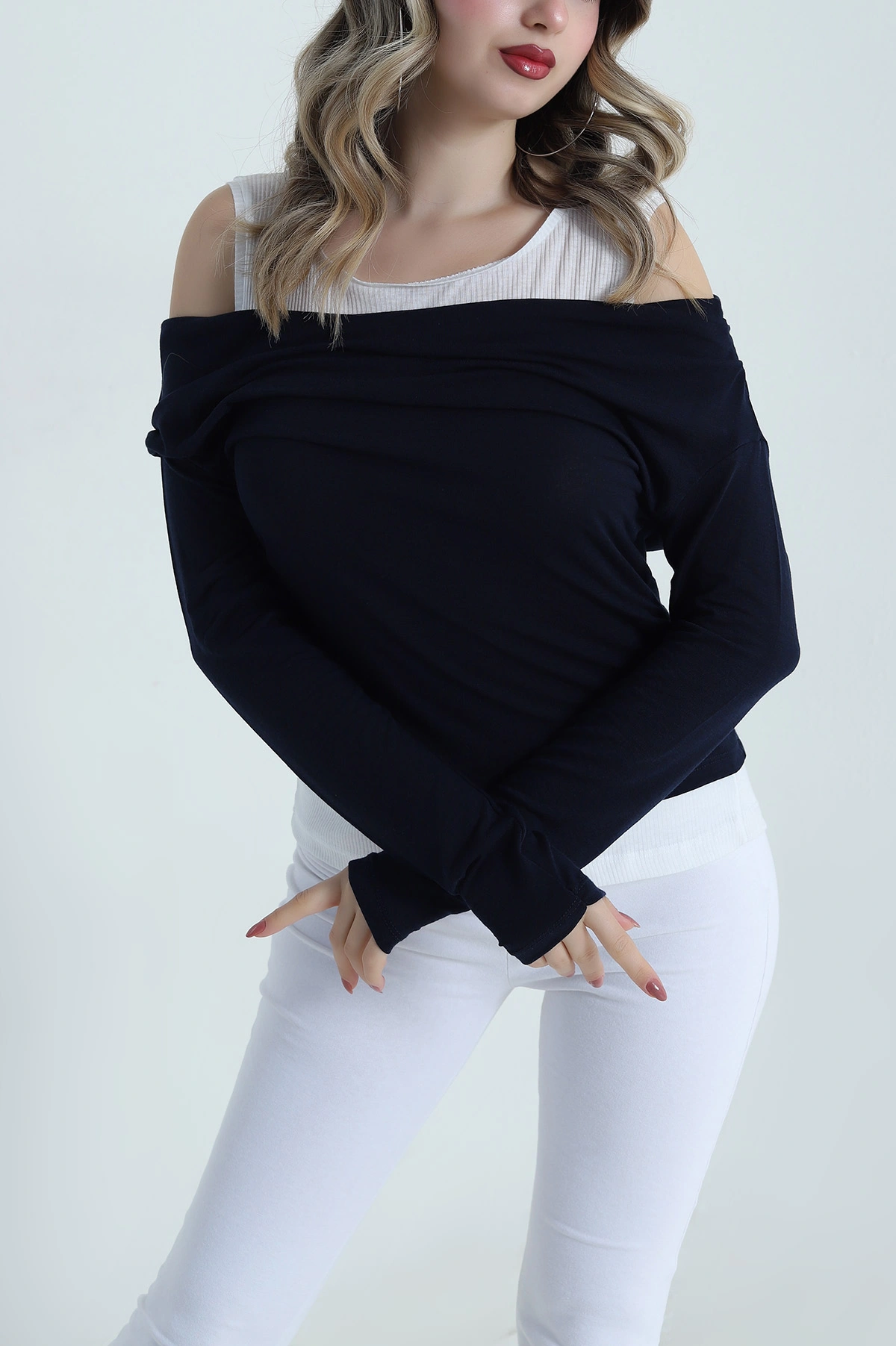 Lacivert Garnili Viskon Kadın Bluz 487170