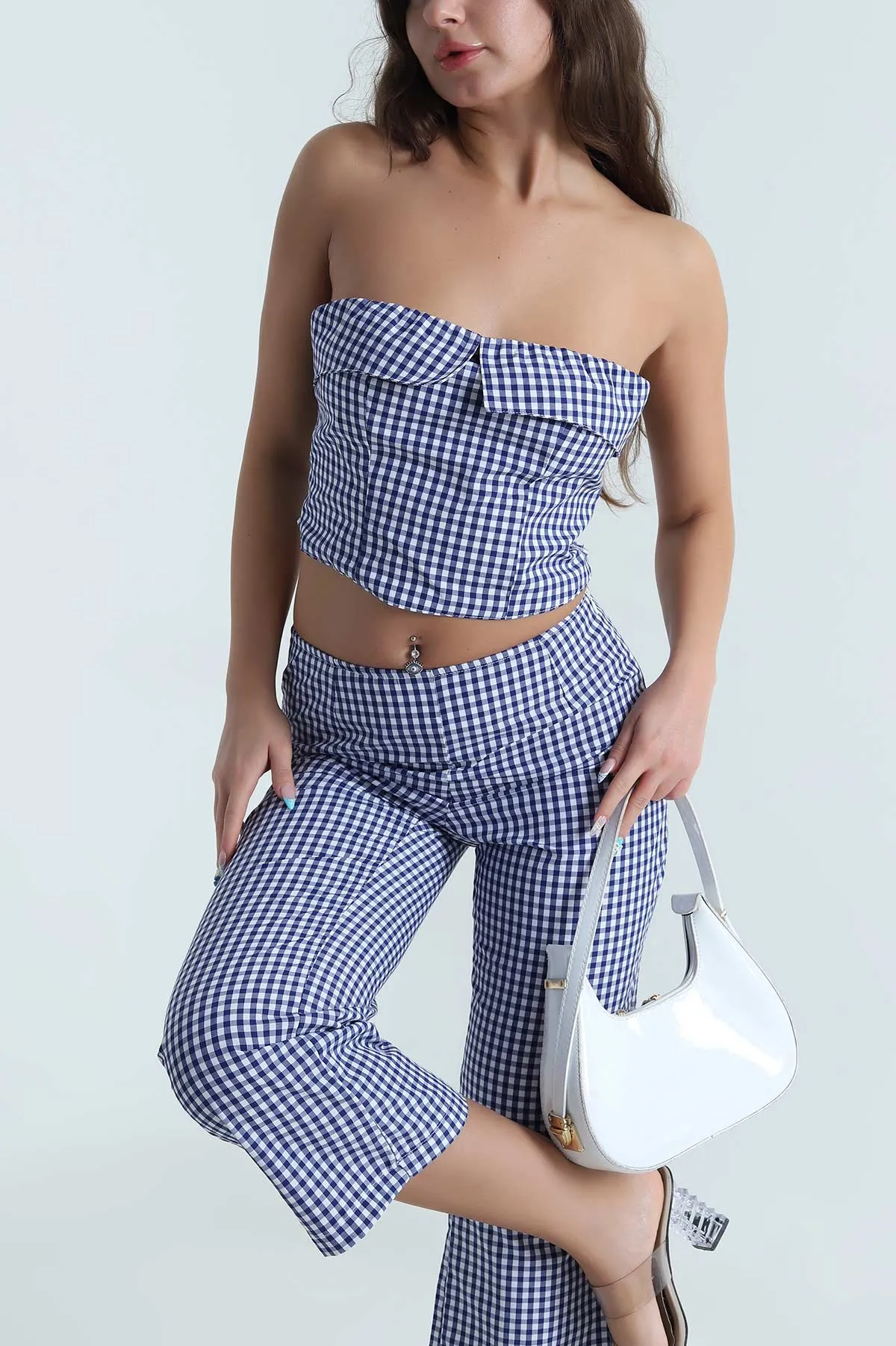 Lacivert Gipeli Ekose Büstiyer Pantolon Kadın İkili Takım 482570