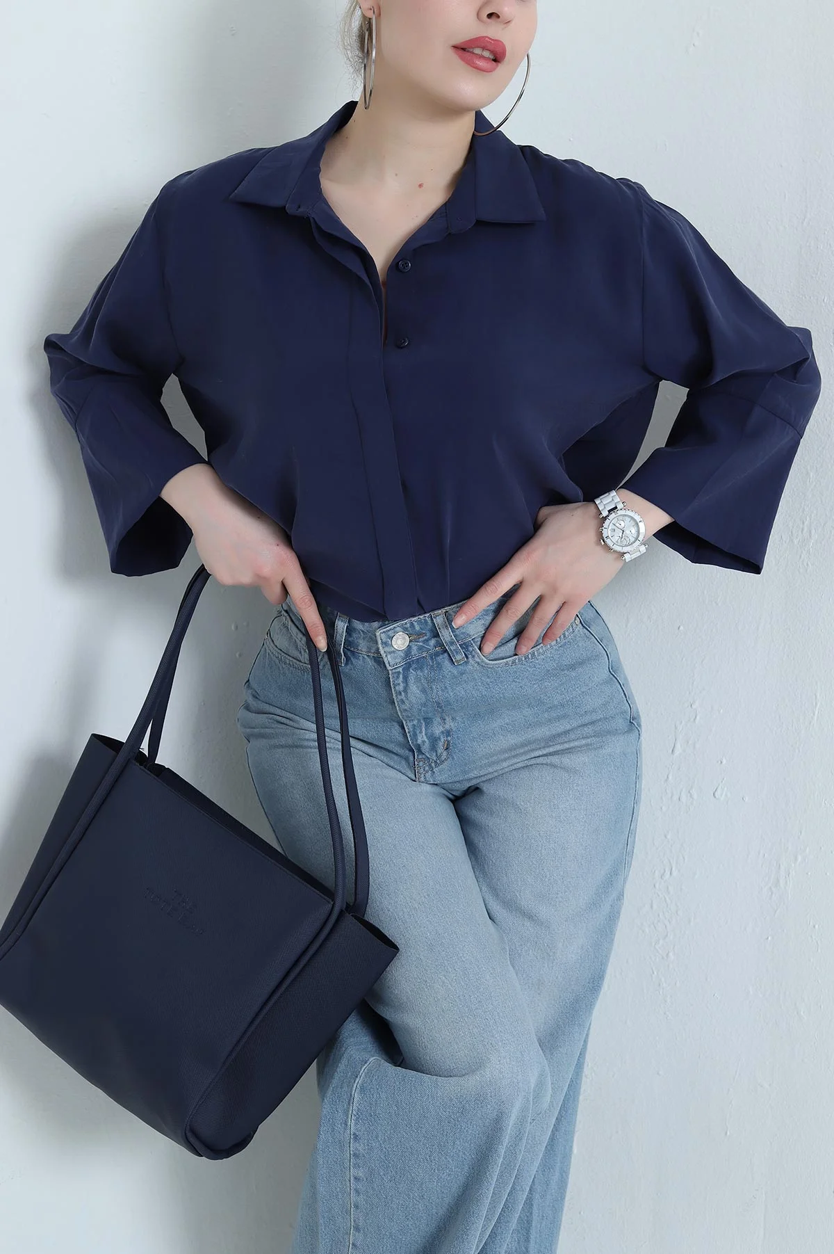 Lacivert Gizli Pat Oversize Modal Kadın Gömlek 440201