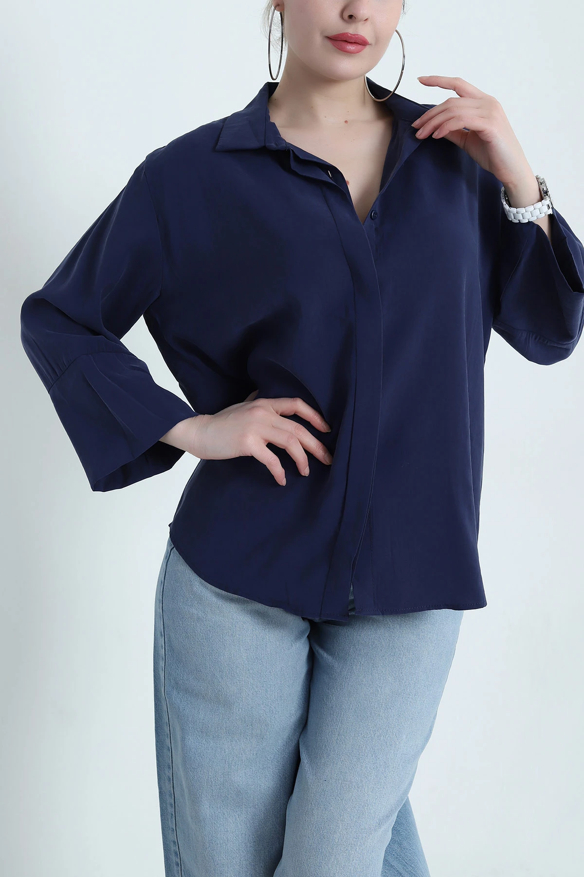 Lacivert Gizli Pat Oversize Modal Kadın Gömlek 440201