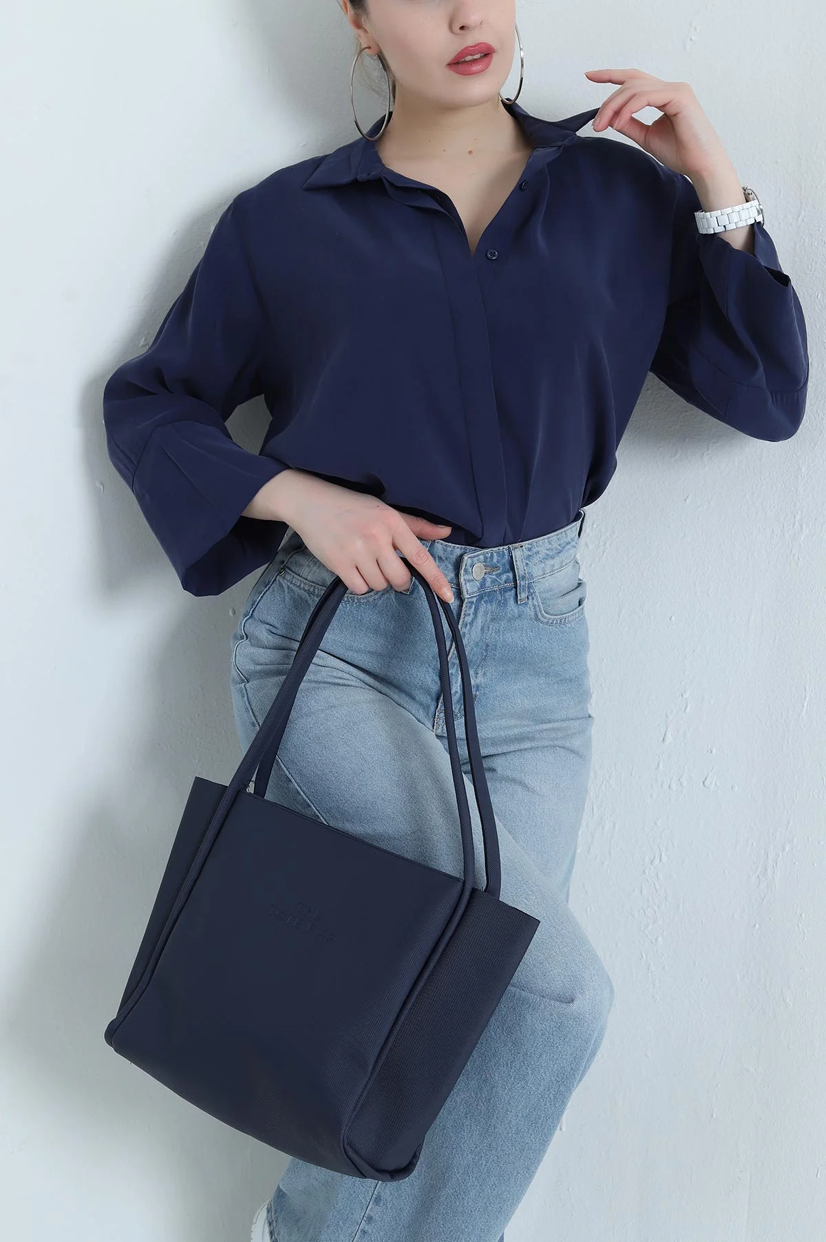 Lacivert Gizli Pat Oversize Modal Kadın Gömlek 440201