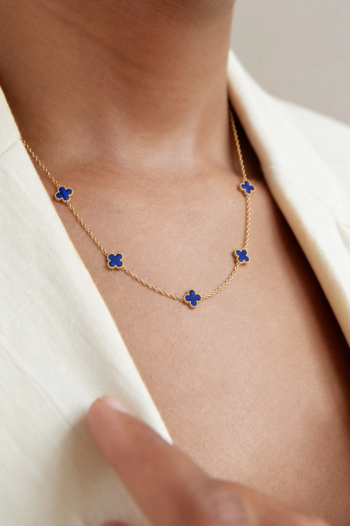Lacivert Gold Küçük Boy Mineli Gümüş Van Cleef Çelik Kolye 494521