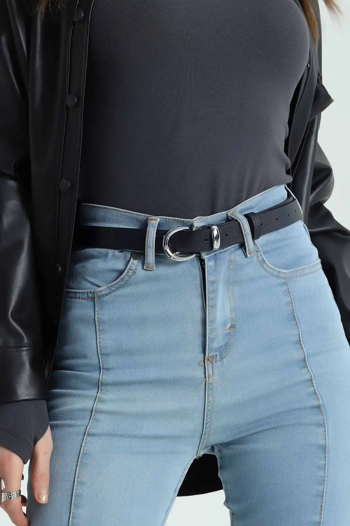 Lacivert Gümüş Oval Toka Detaylı Kadın İnce Kemer 335463