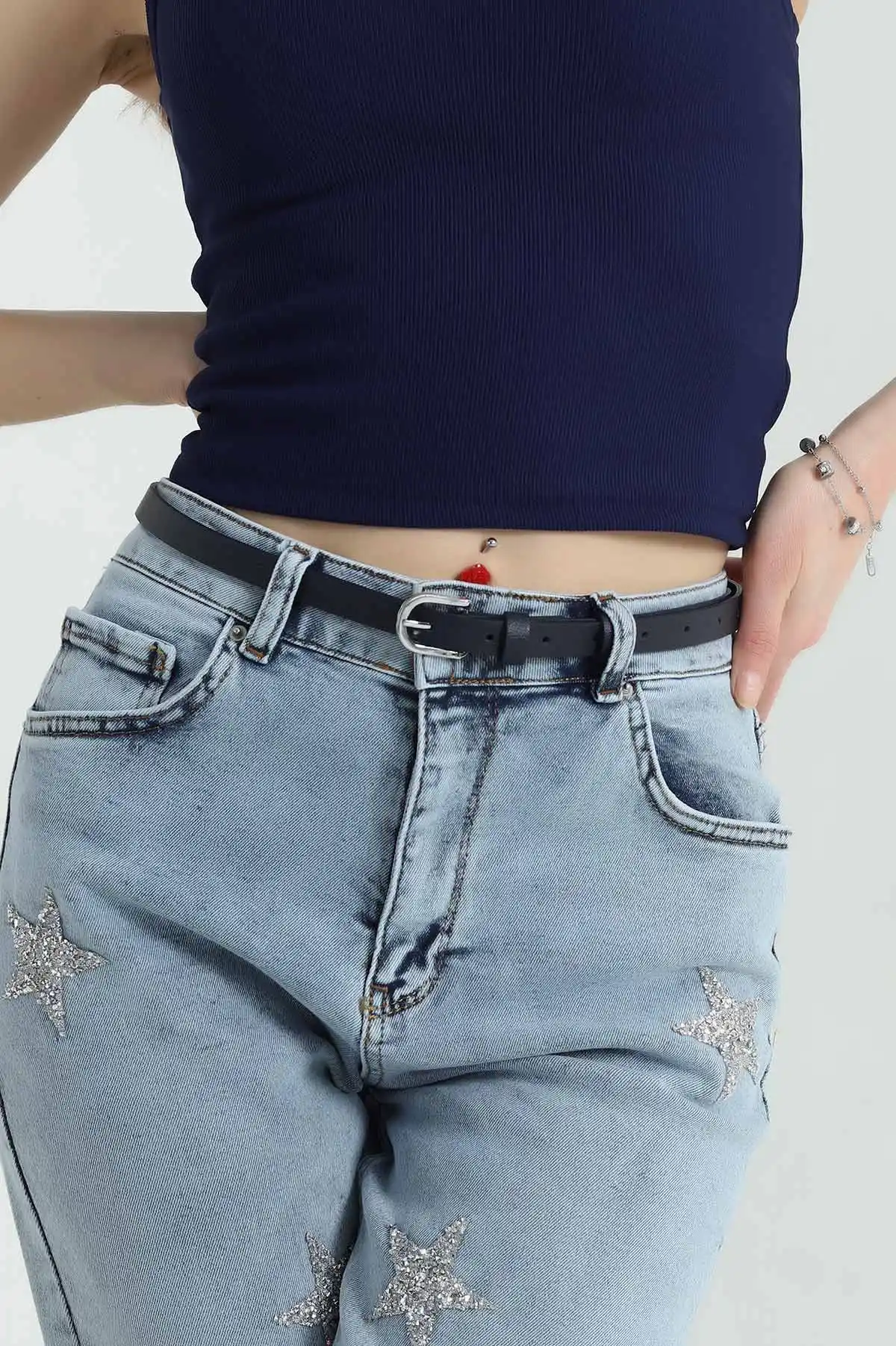 Lacivert Gümüş Tokalı İnce Kadın Kemer 350746