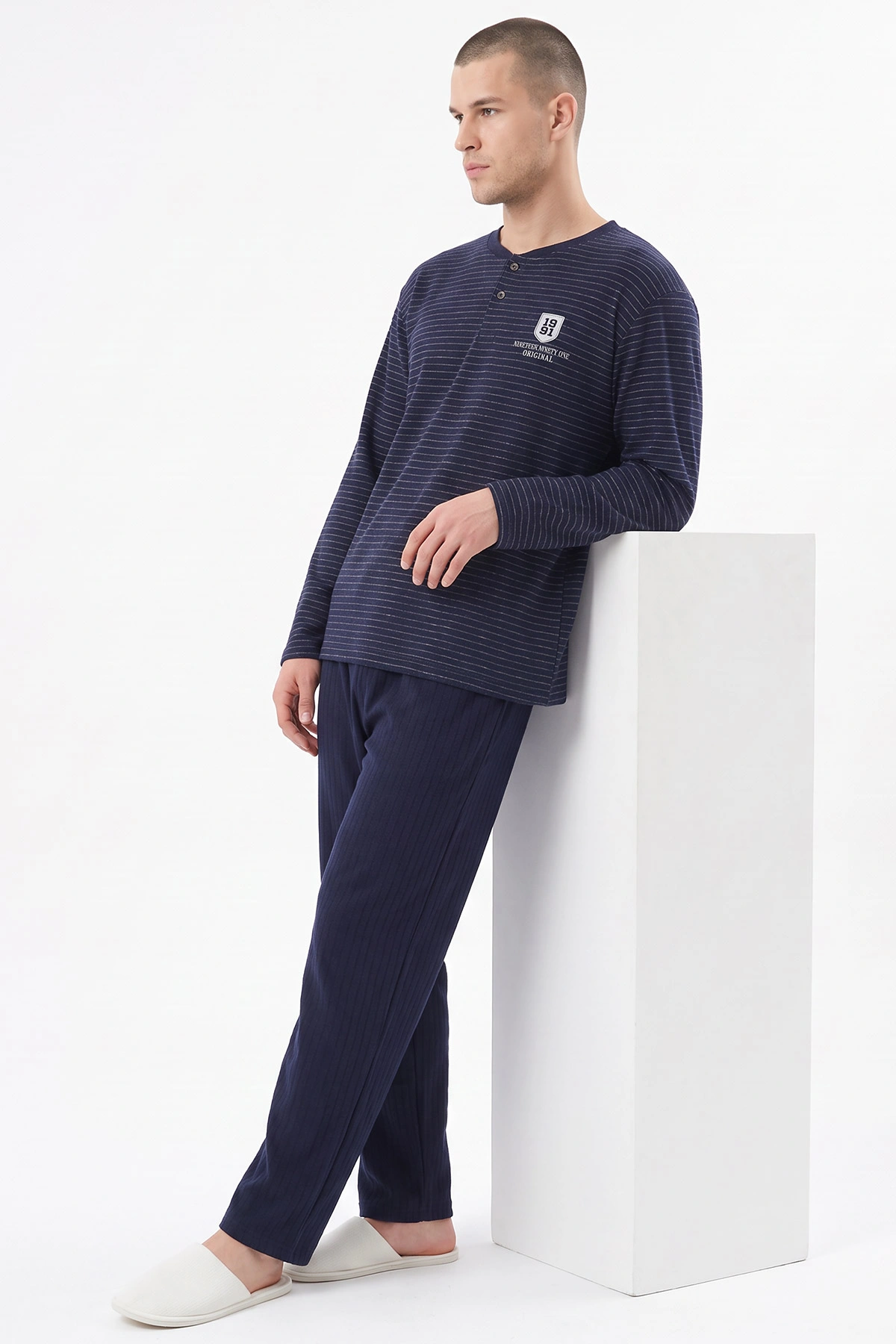 Lacivert İnterlok Kumaş Çizgi Detay Erkek Uzun Kollu Pijama Takımı 498821