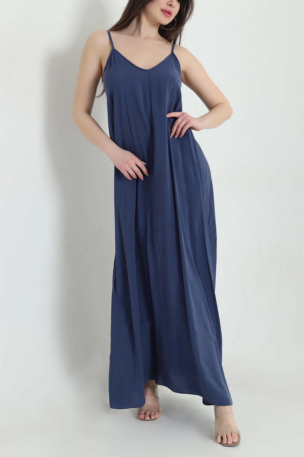 Lacivert İp Askılı Tencel Kadın Elbise 451192