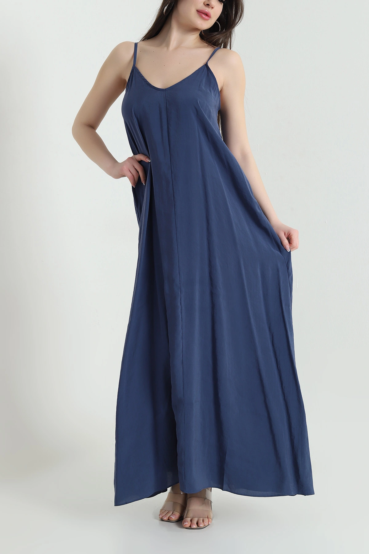 Lacivert İp Askılı Tencel Kadın Elbise 451192