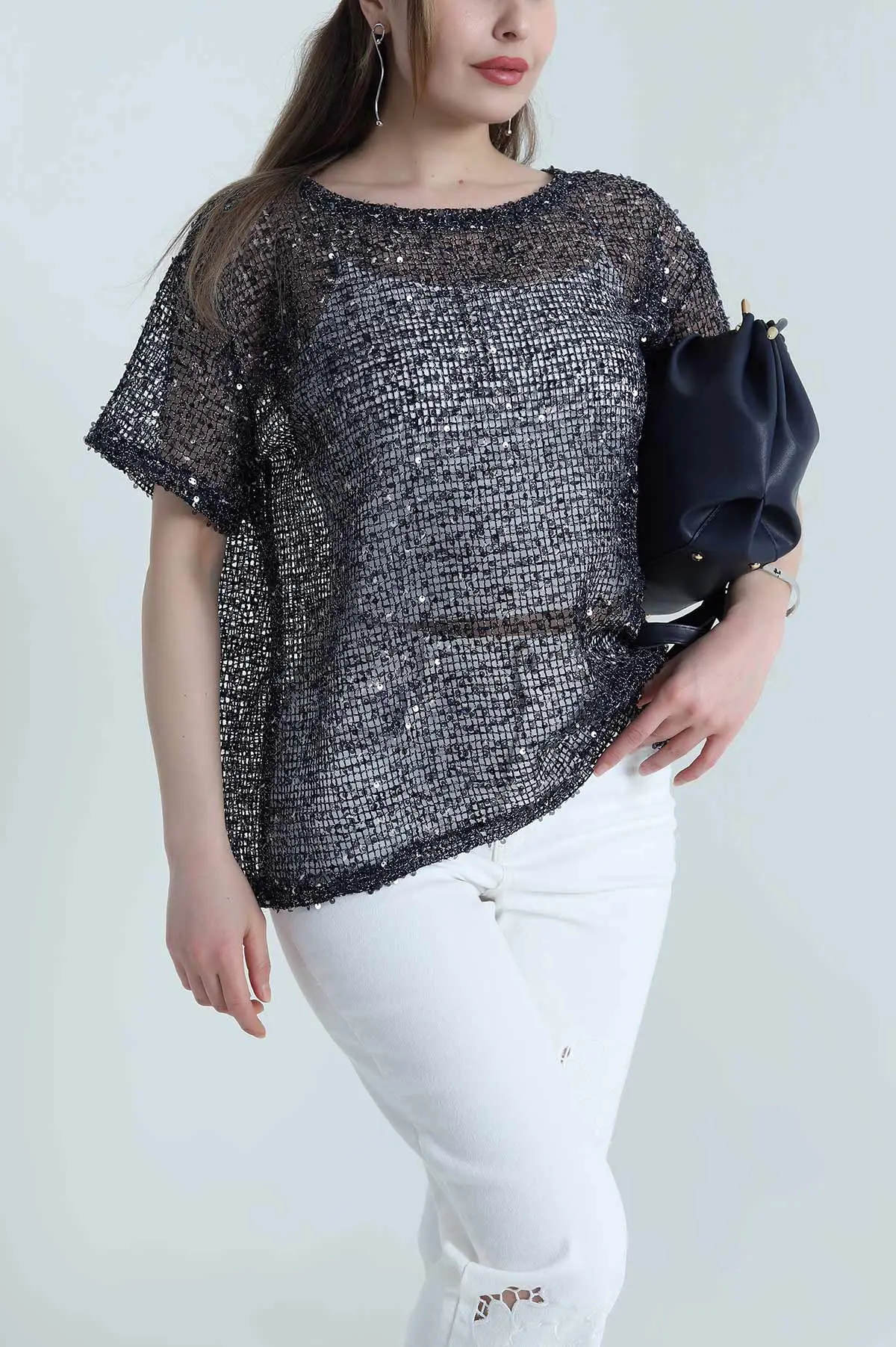 Lacivert İthal Pullu Kumaş Kadın Bluz 458248