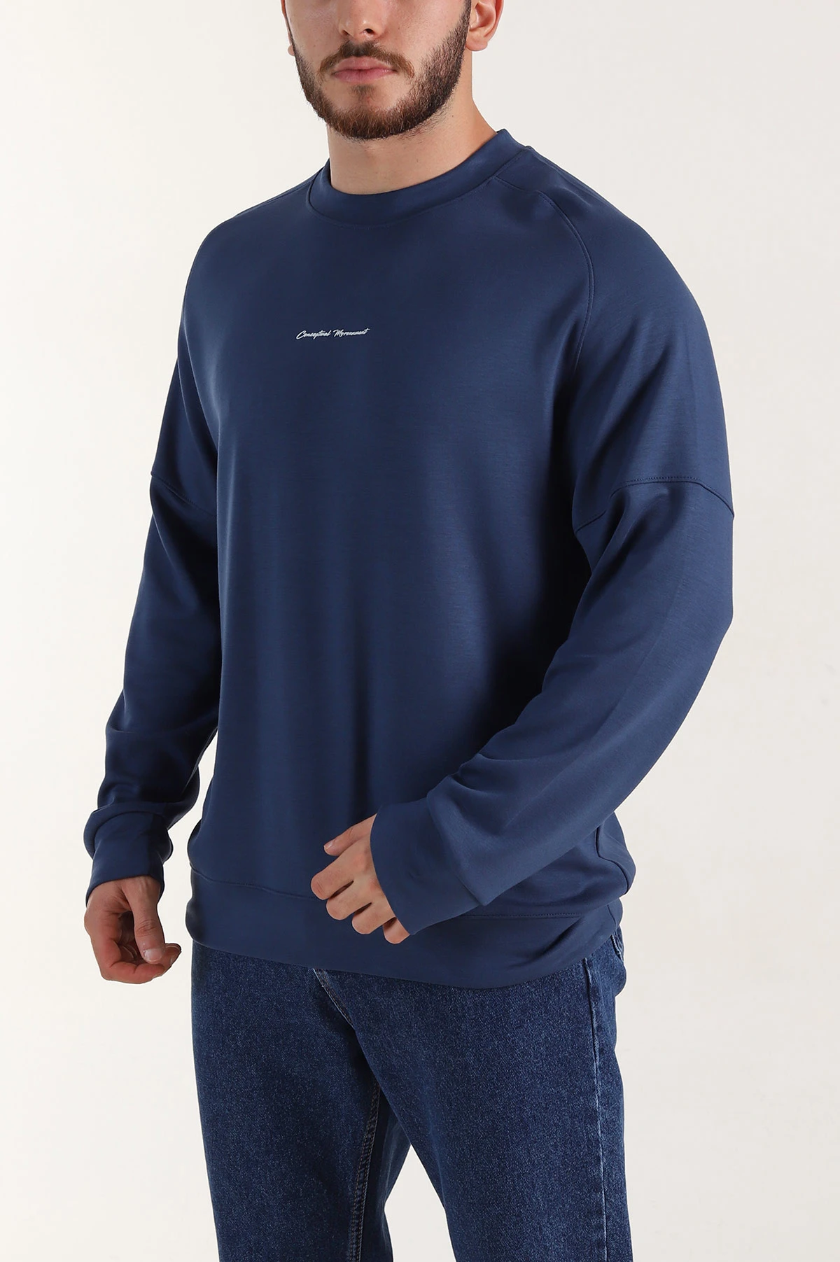 Lacivert Kabartma Yazılı Bisiklet Yaka Erkek Sweatshirt 396892