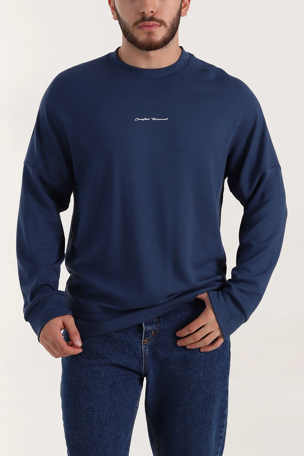 Lacivert Kabartma Yazılı Bisiklet Yaka Erkek Sweatshirt 396892