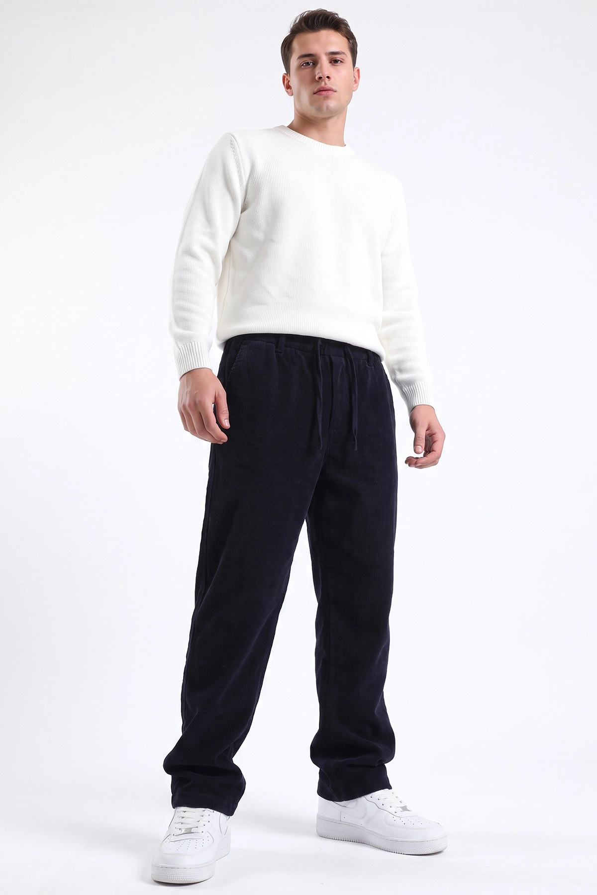 Lacivert Kadife Baggy Yeni Sezon Belden Bağlamalı Erkek Pantolon 493159