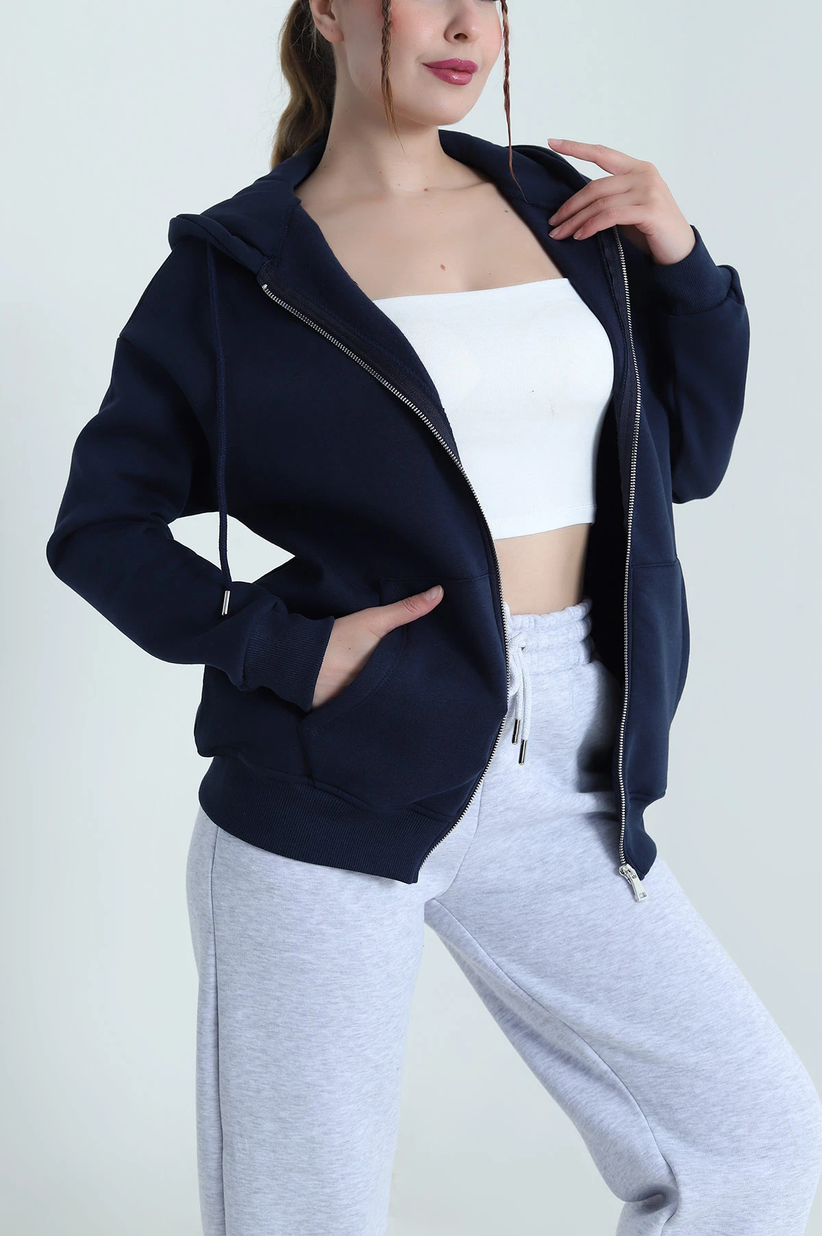 Lacivert Kapşonlu Şardonlu Üç İp Kadın Sweat 482263