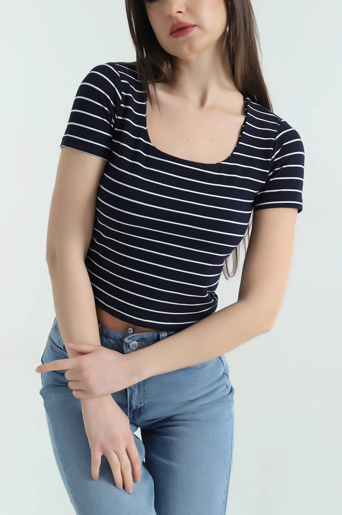 Lacivert Kare Yaka Çizgili Bluz 357338