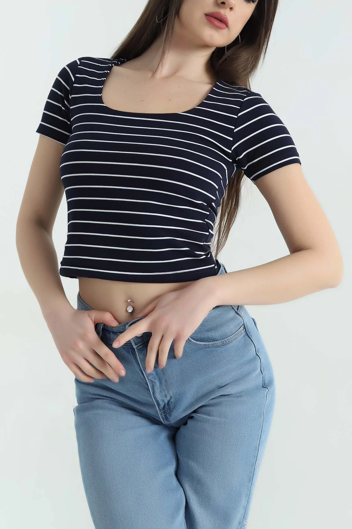 Lacivert Kare Yaka Çizgili Bluz 357338