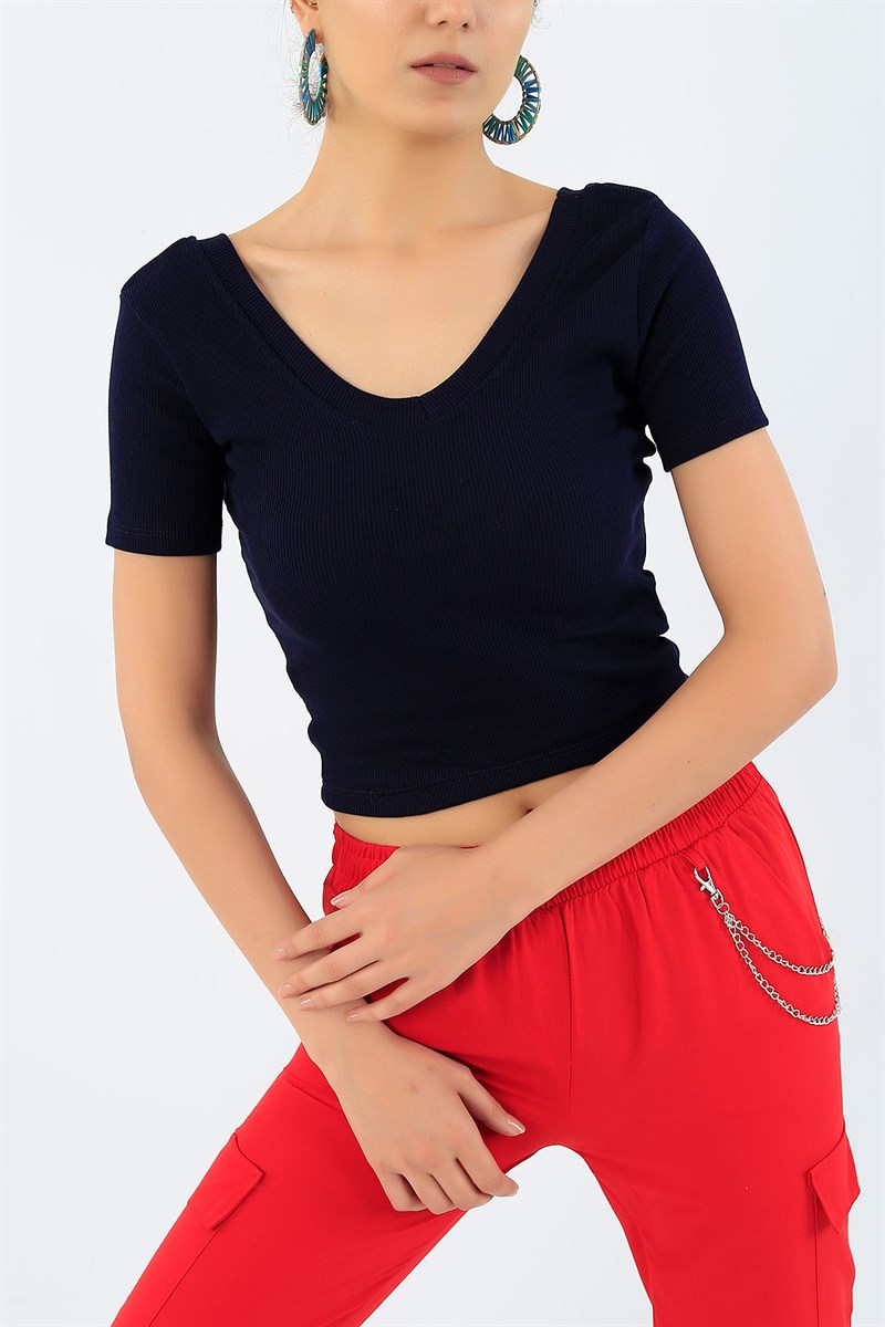 Lacivert Kaşkorse Crop Tişört 36316