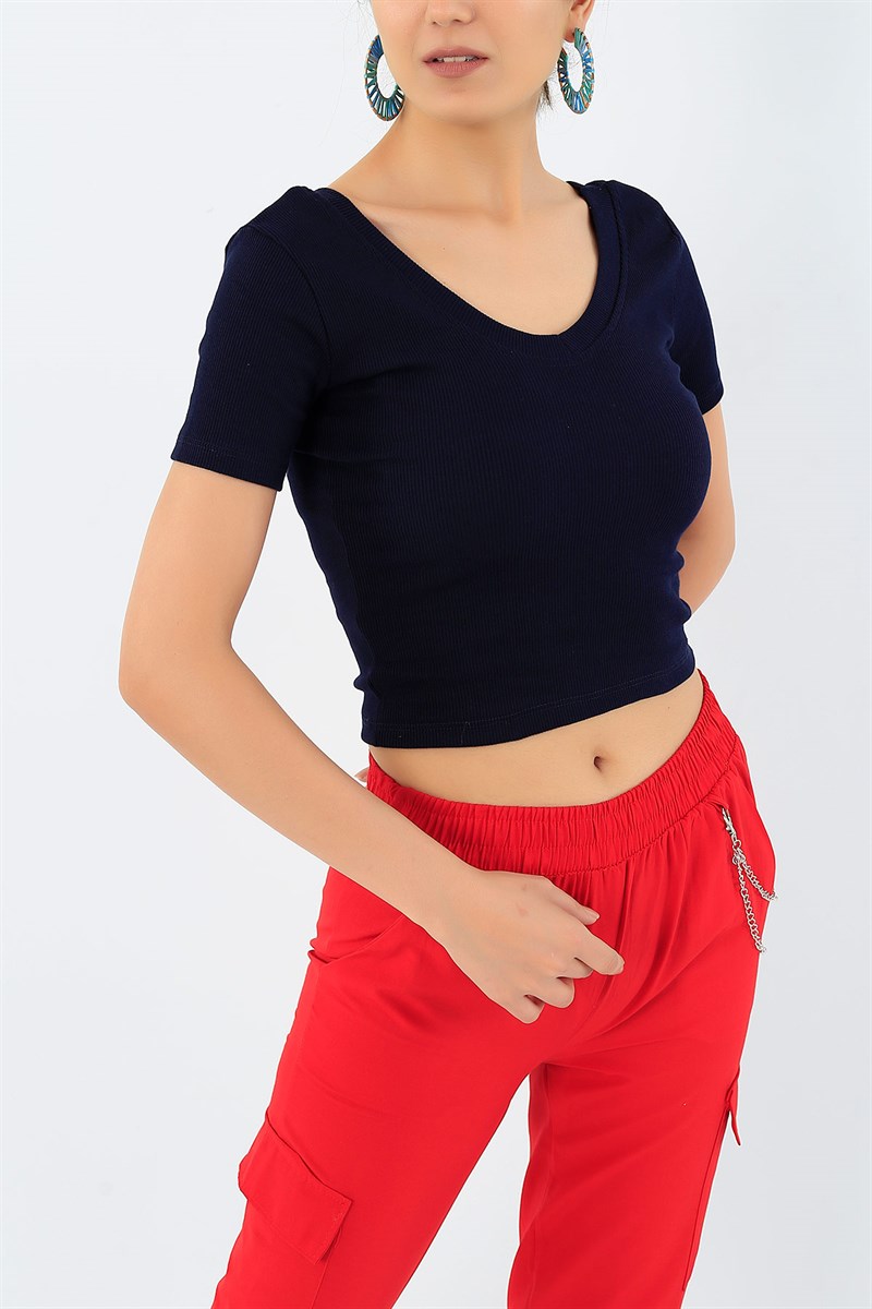 Lacivert Kaşkorse Crop Tişört 36316