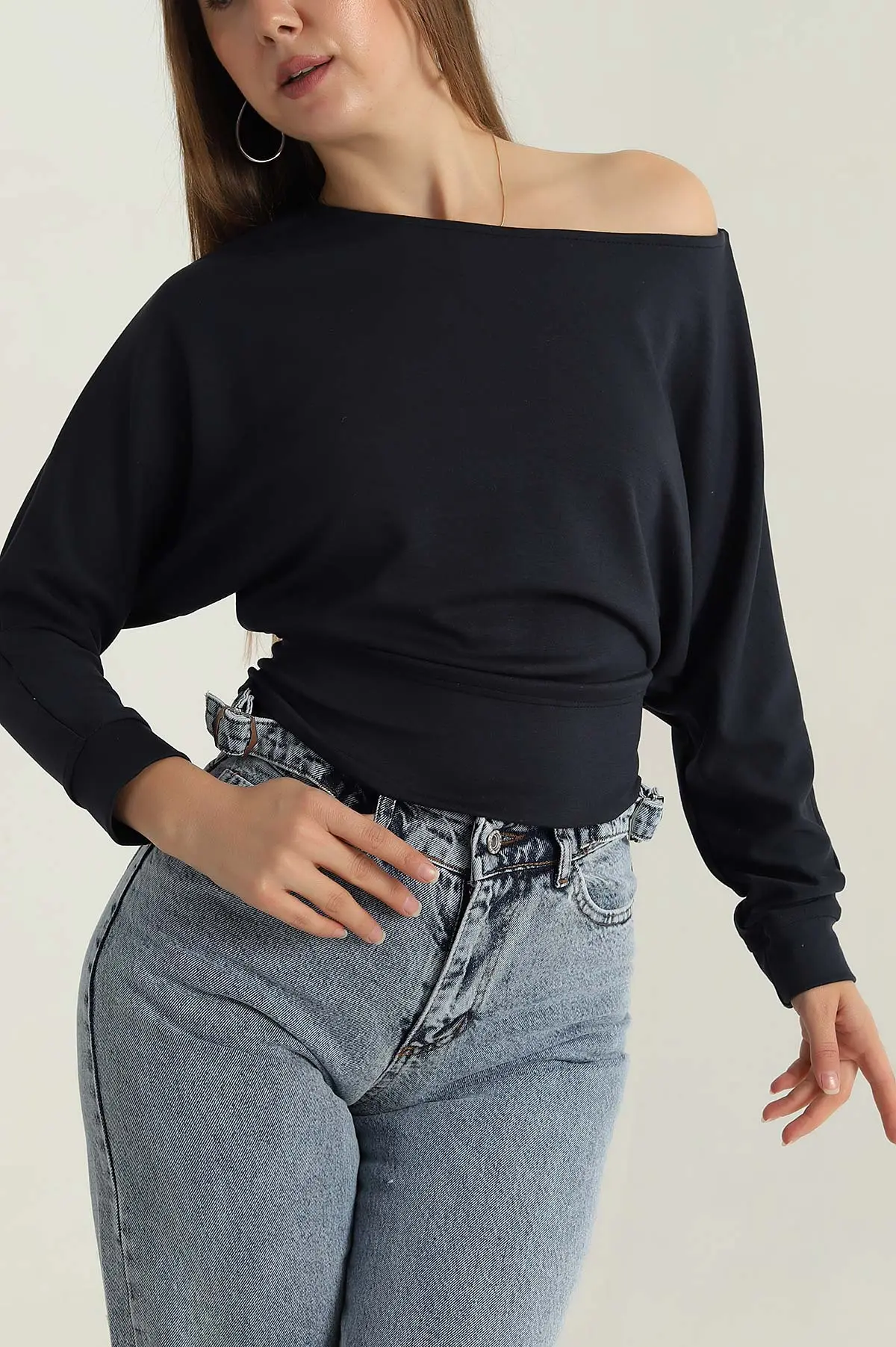 Lacivert Kayık Yaka Modal Kadın Bluz 409796