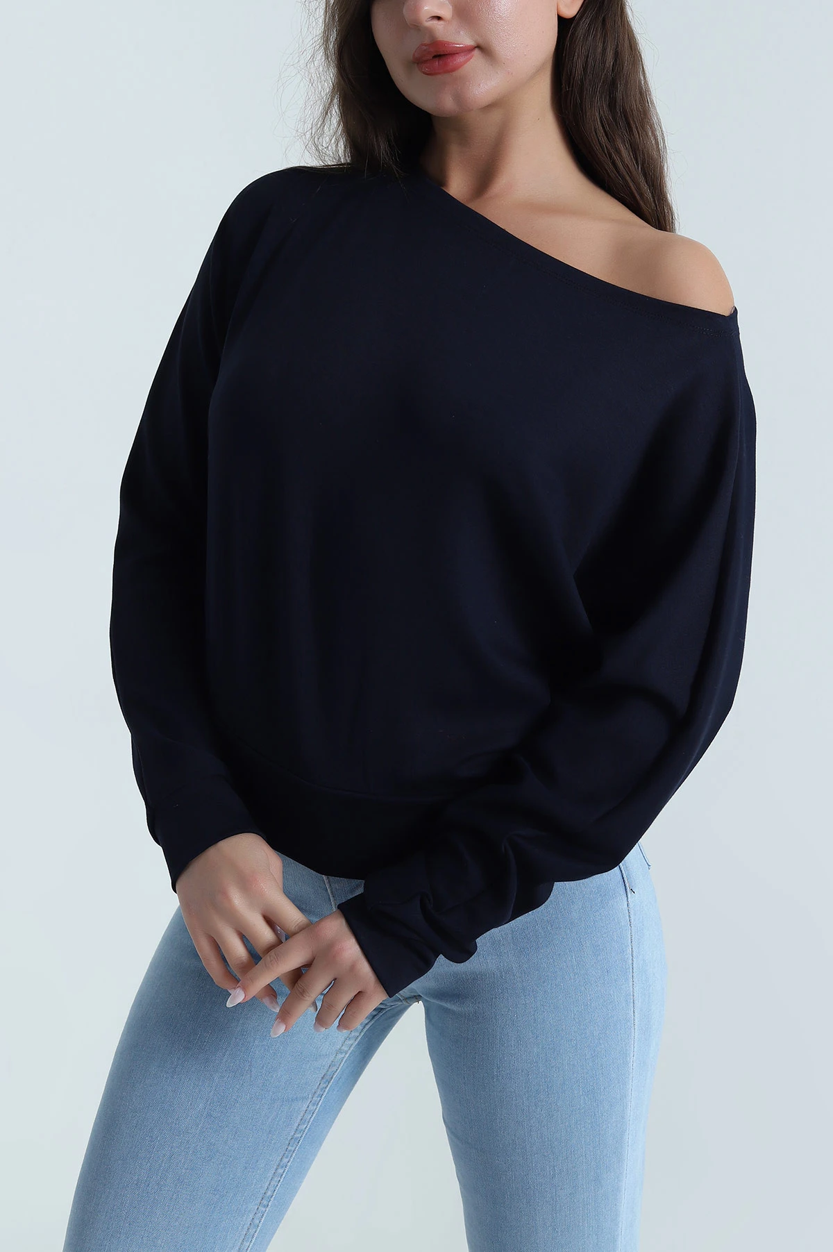 Lacivert Kayık Yaka Modal Kadın Bluz 484697