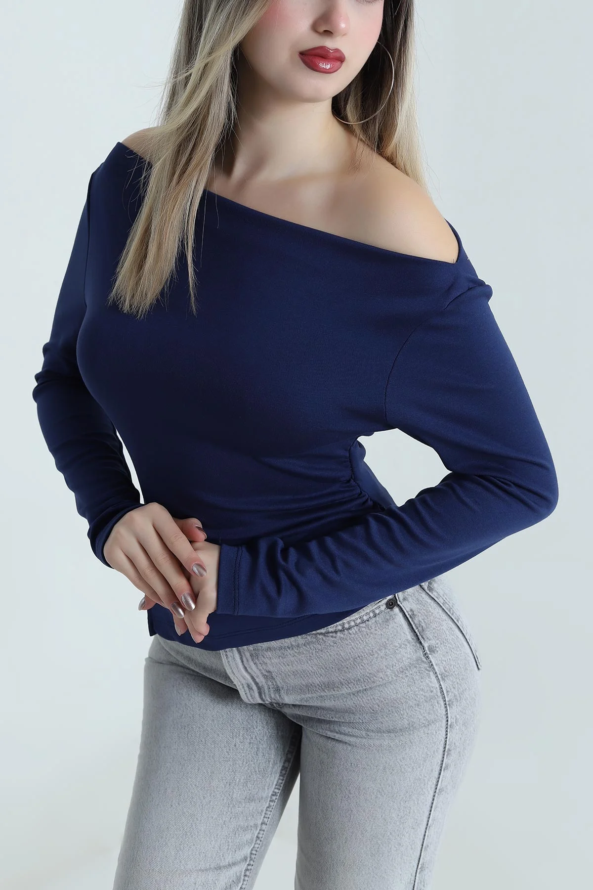 Lacivert Kayık Yaka Modal Kadın Bluz 488623