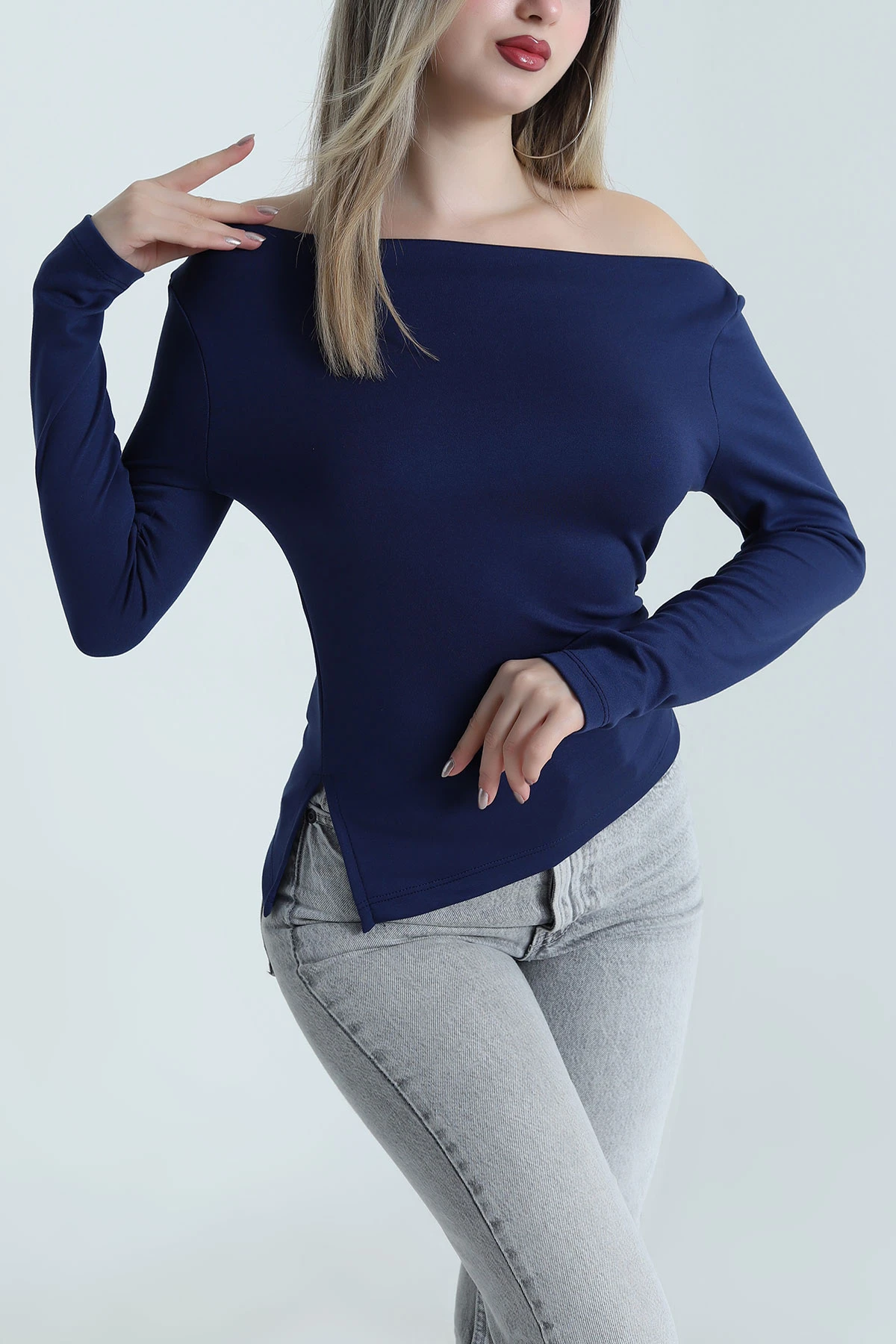 Lacivert Kayık Yaka Modal Kadın Bluz 488623