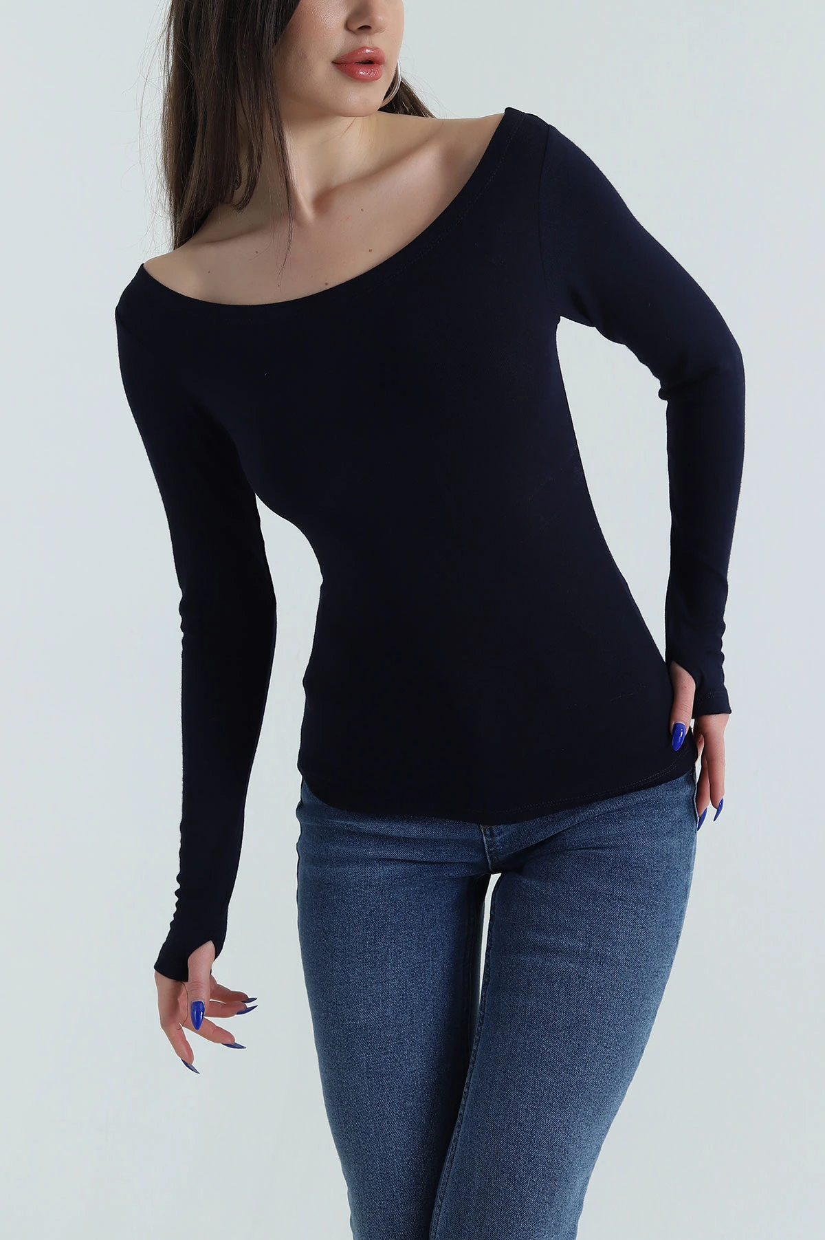 Lacivert Kayık Yaka Oysho Kadın Bluz 426702