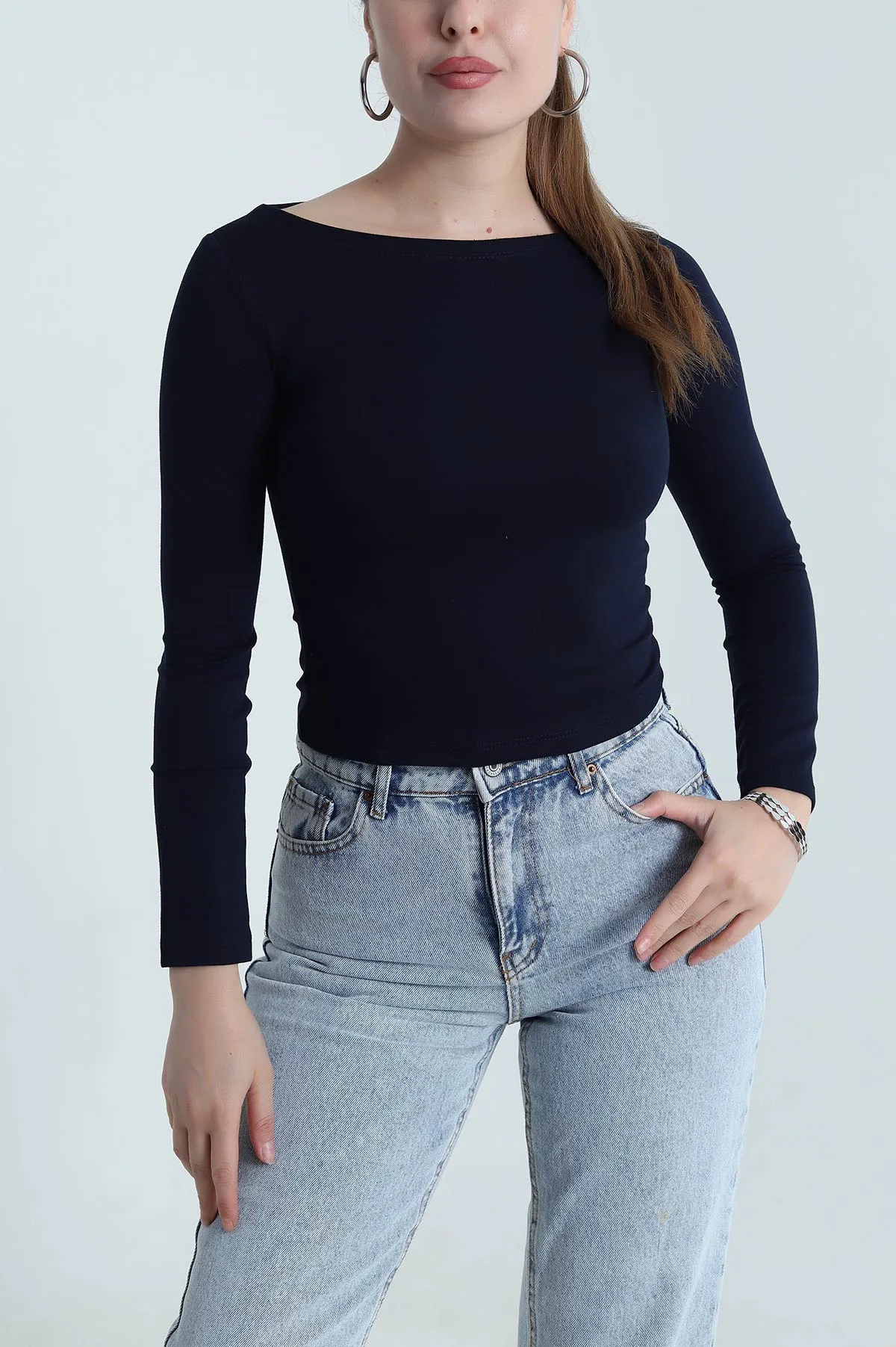 Lacivert Kayık Yaka Uzun Kol Oysho Kadın Bluz 484510