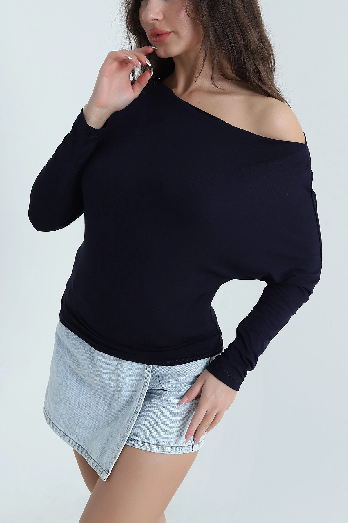 Lacivert Kayık Yakalı Viskon Kadın Badi Bluz 461225