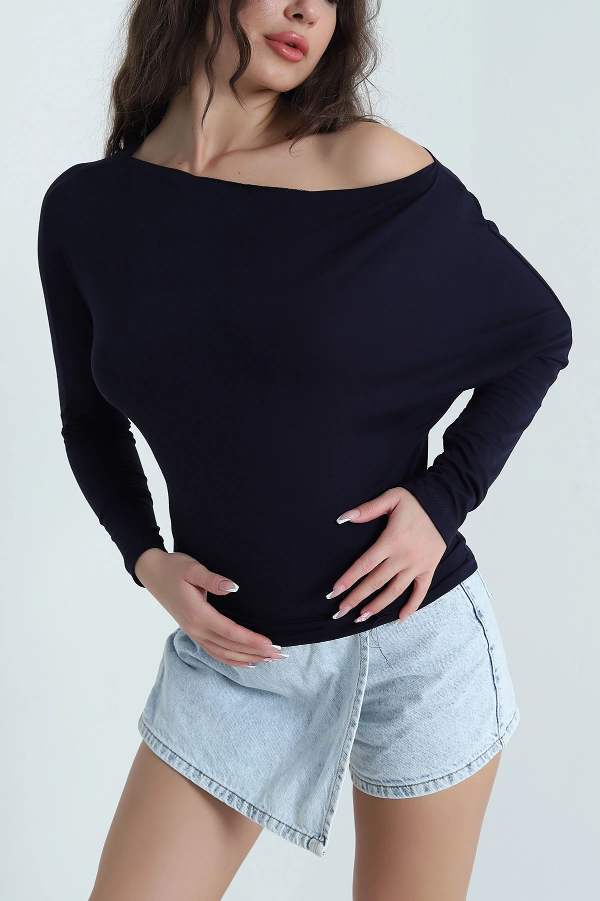 Lacivert Kayık Yakalı Viskon Kadın Badi Bluz 461225