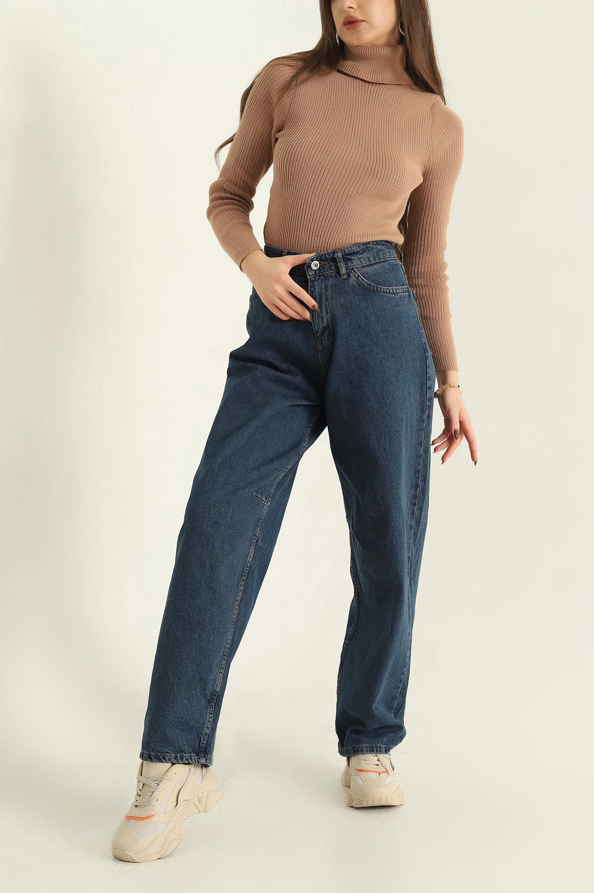 Lacivert Kemer Detay Baggy Bayan Kot Pantolon 329112