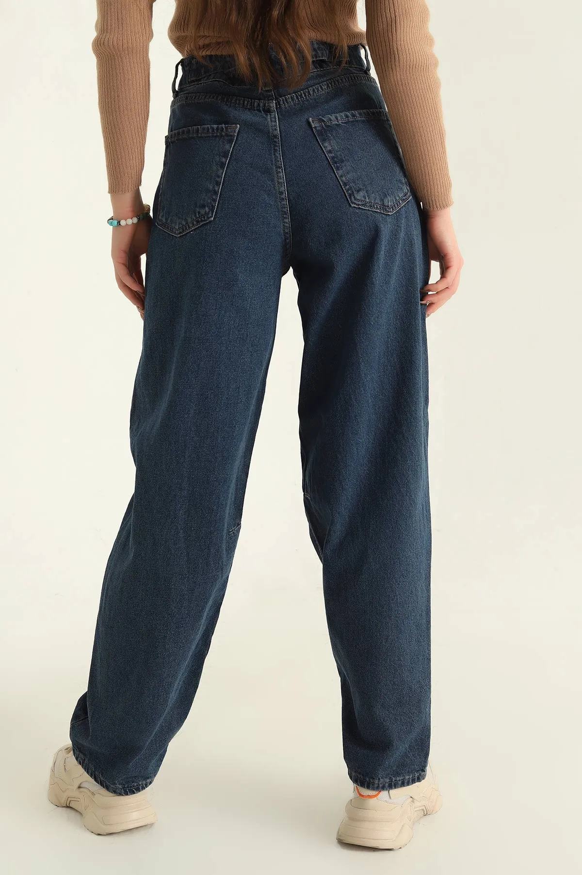 Lacivert Kemer Detay Baggy Bayan Kot Pantolon 329112
