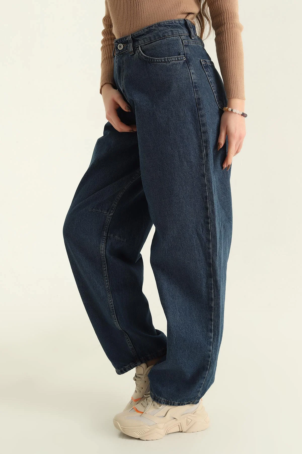 Lacivert Kemer Detay Baggy Bayan Kot Pantolon 329112
