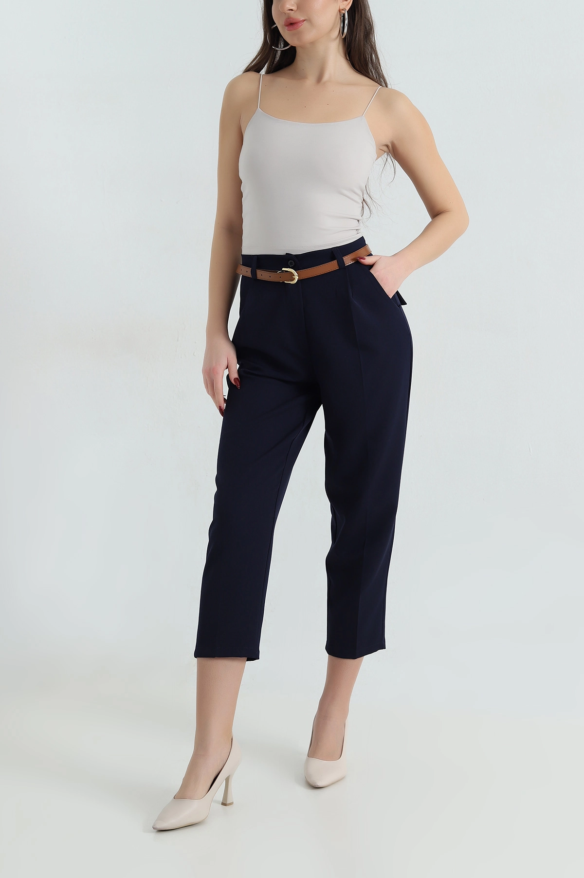 Lacivert Kemerli Atlas Havuç Pantolon 415689