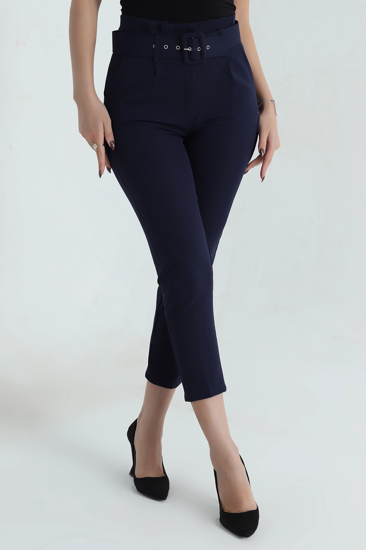 Lacivert Kemerli Dabıl Kadın Pantolon 410258