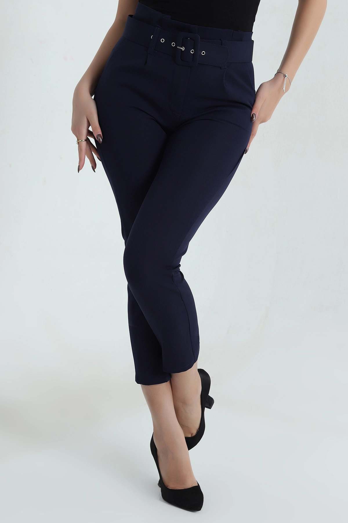 Lacivert Kemerli Dabıl Kadın Pantolon 410258