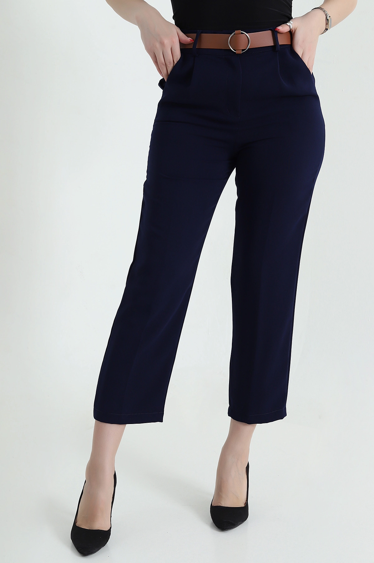Lacivert Kemerli İthal Crep Kadın Pantolon 436914