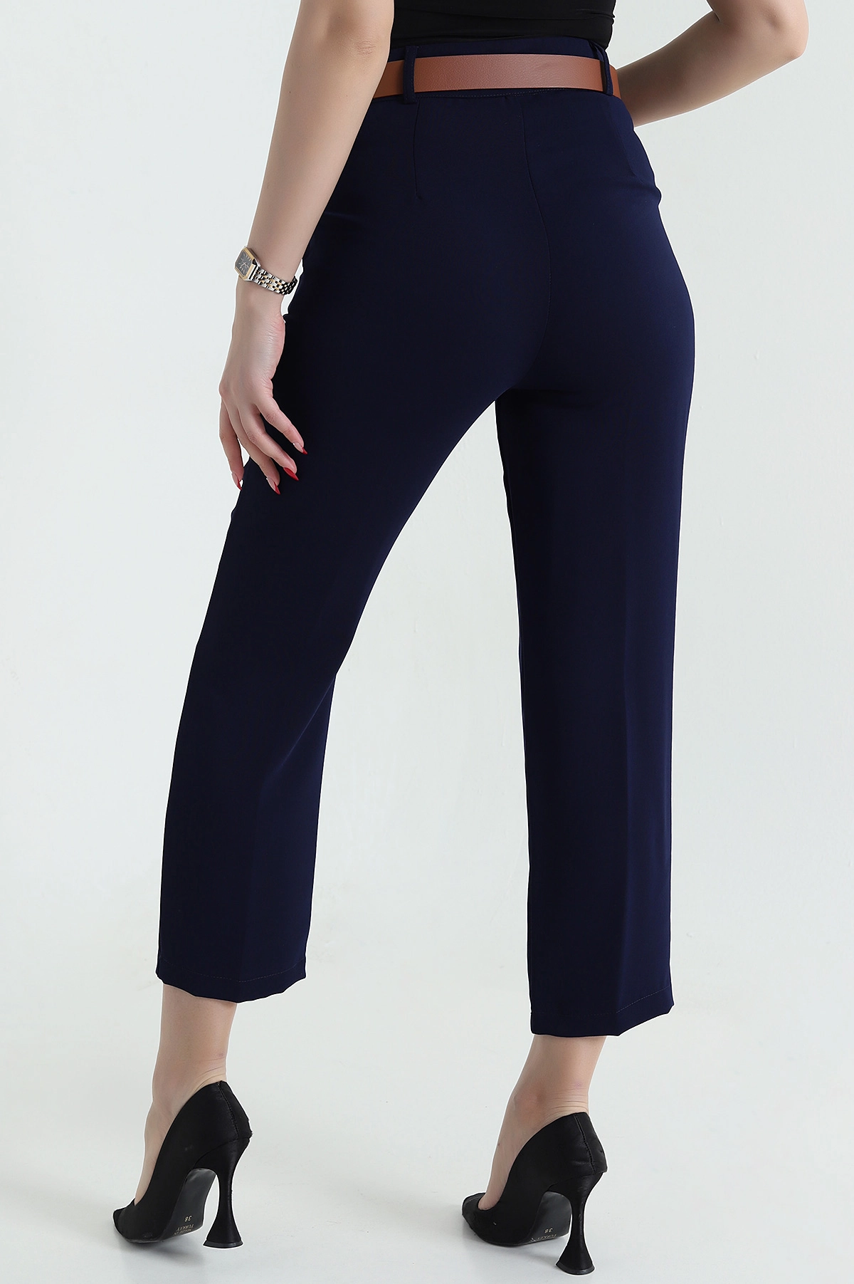 Lacivert Kemerli İthal Crep Kadın Pantolon 436914