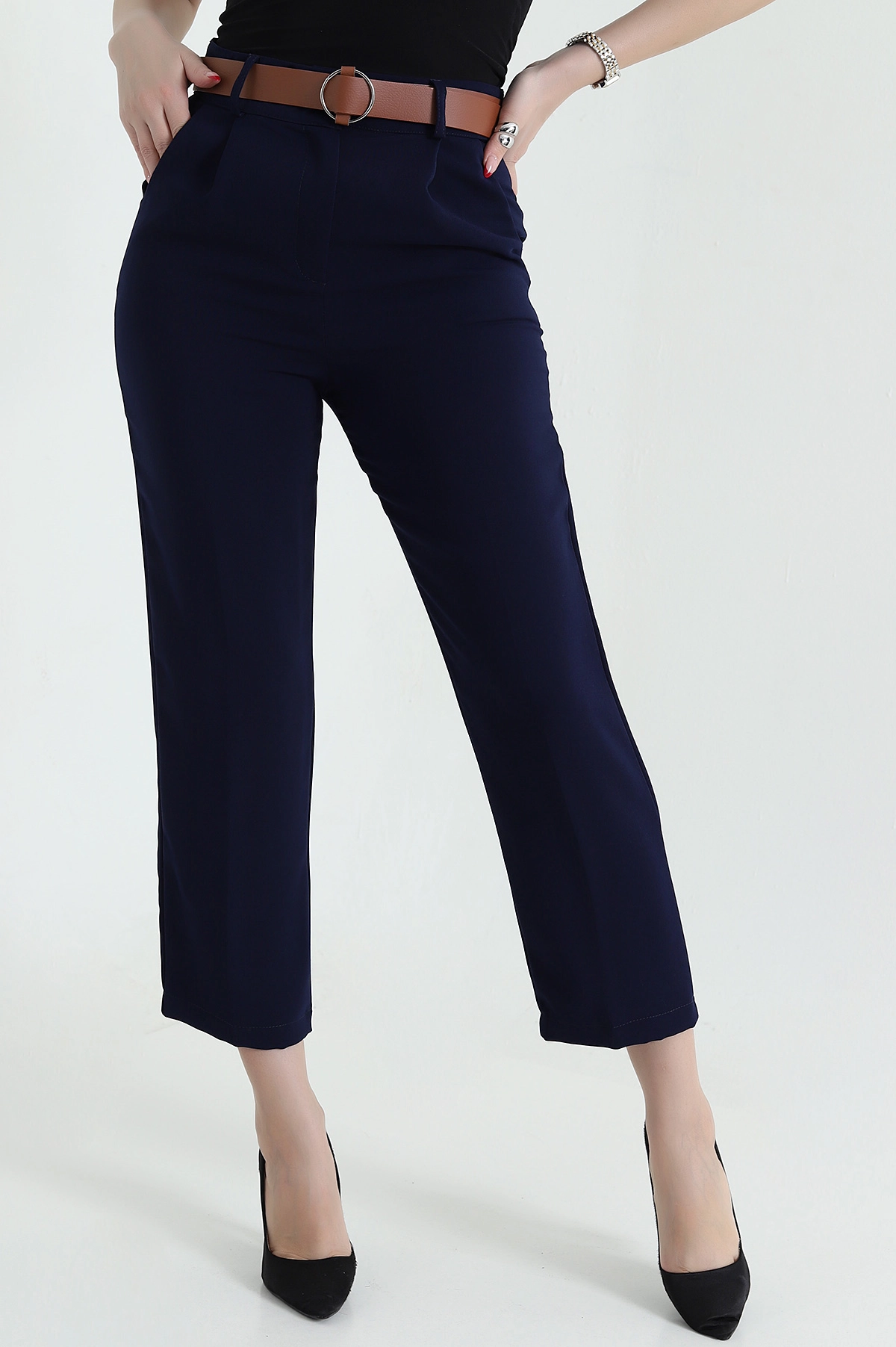 Lacivert Kemerli İthal Crep Kadın Pantolon 436914